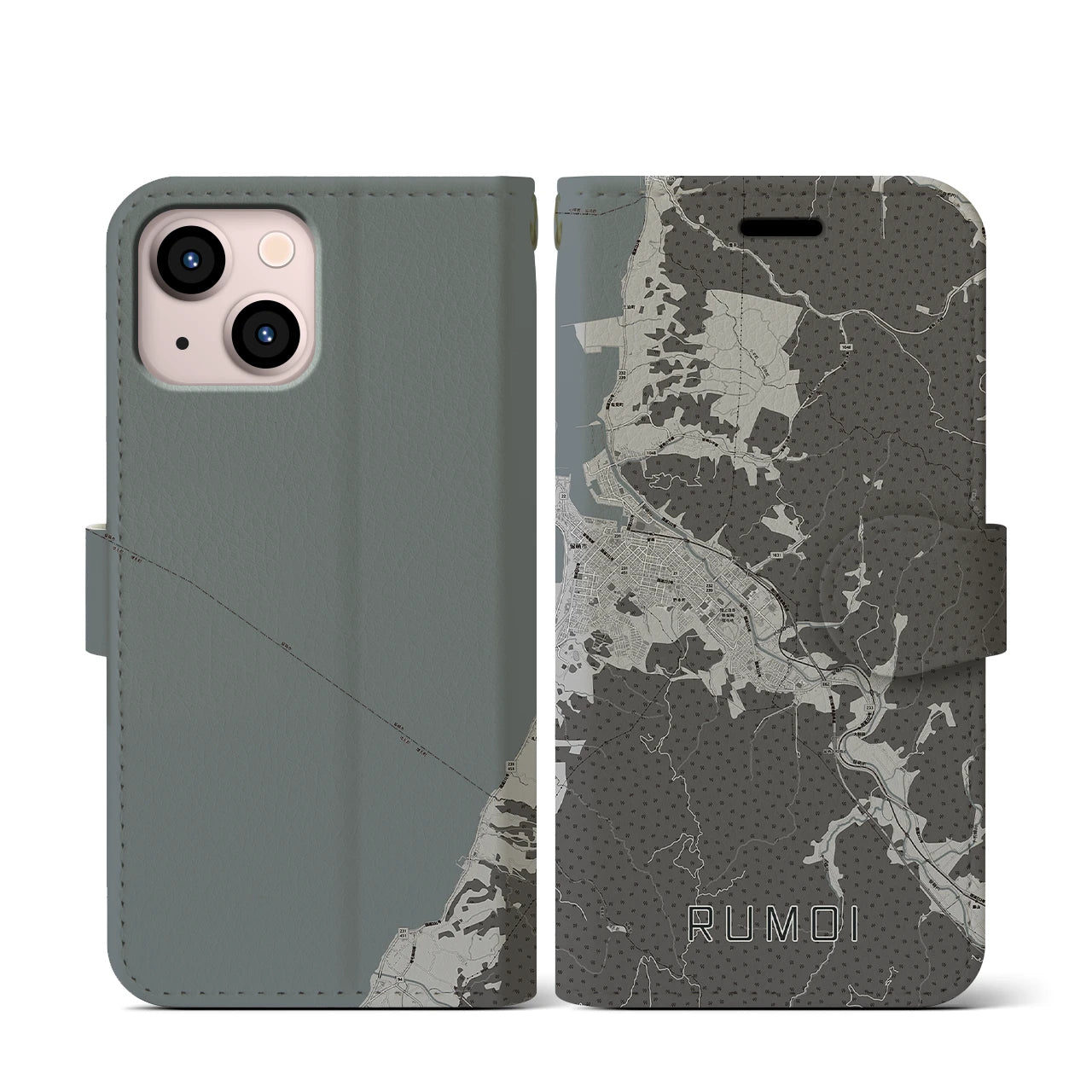 【留萌(北海道)】地図柄iPhoneケース(手帳タイプ)モノトーン・iPhone 13 mini 用