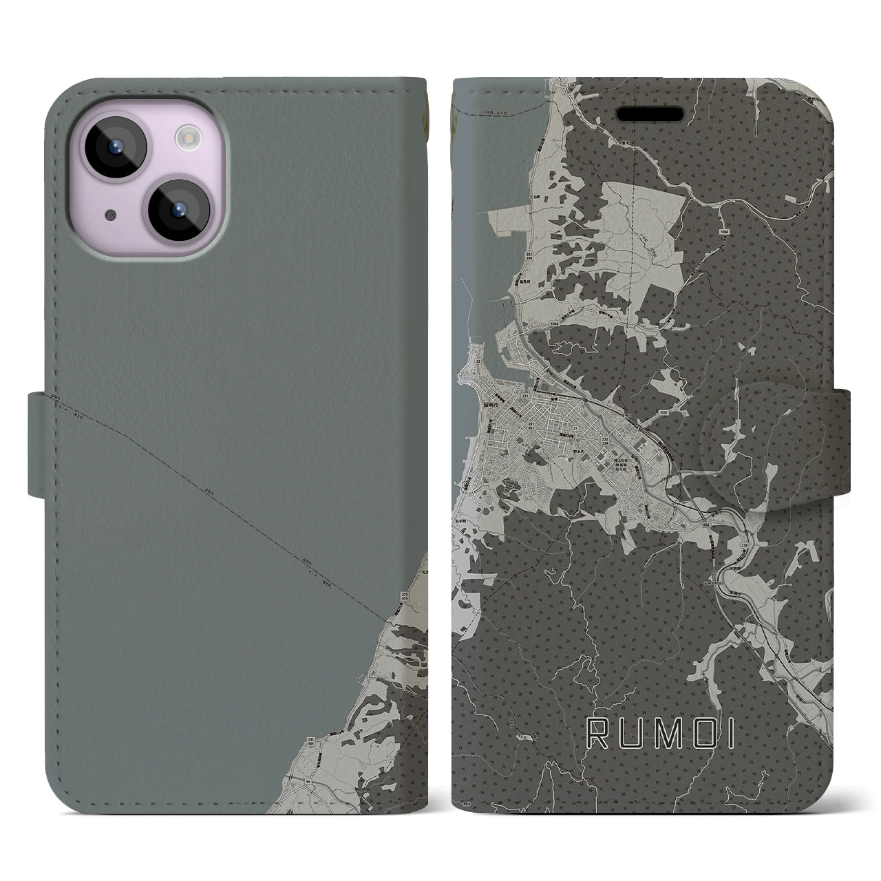 【留萌(北海道)】地図柄iPhoneケース(手帳タイプ)モノトーン・iPhone 14 用
