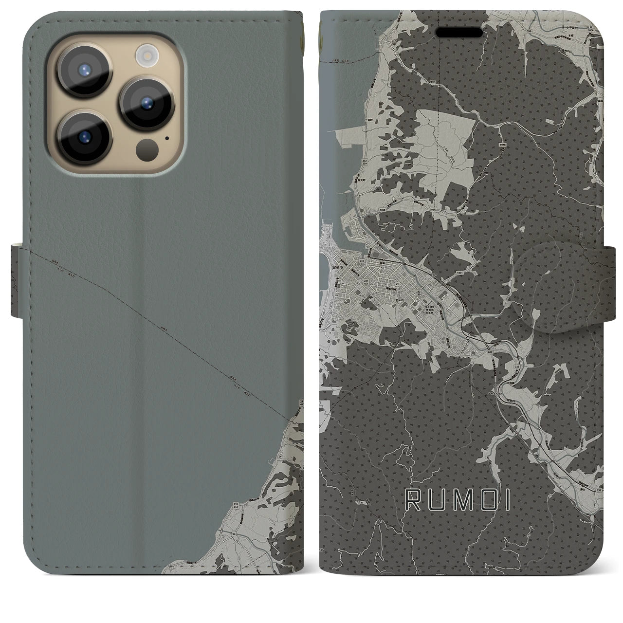 【留萌(北海道)】地図柄iPhoneケース(手帳タイプ)モノトーン・iPhone 14 Pro Max 用