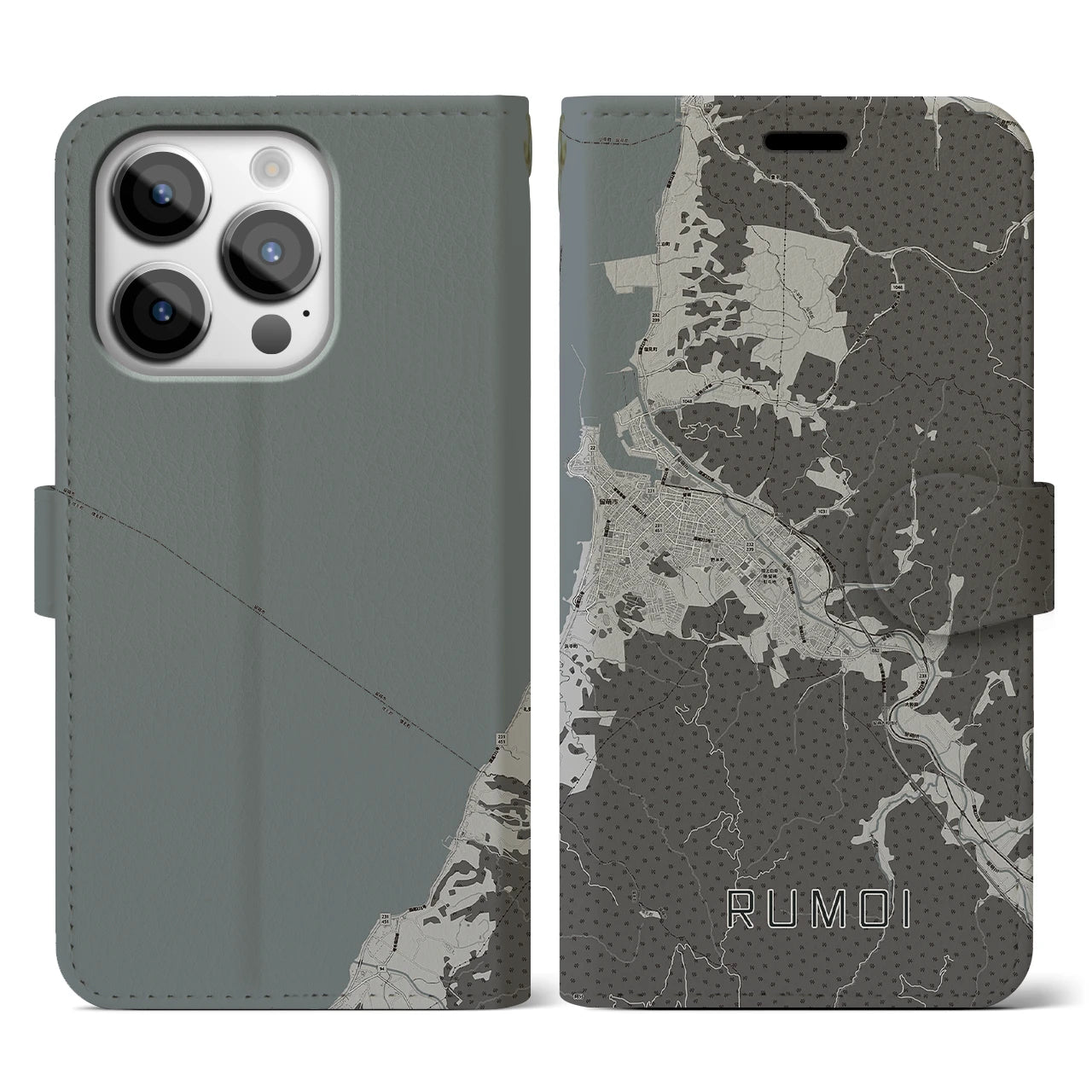 【留萌(北海道)】地図柄iPhoneケース(手帳タイプ)モノトーン・iPhone 14 Pro 用