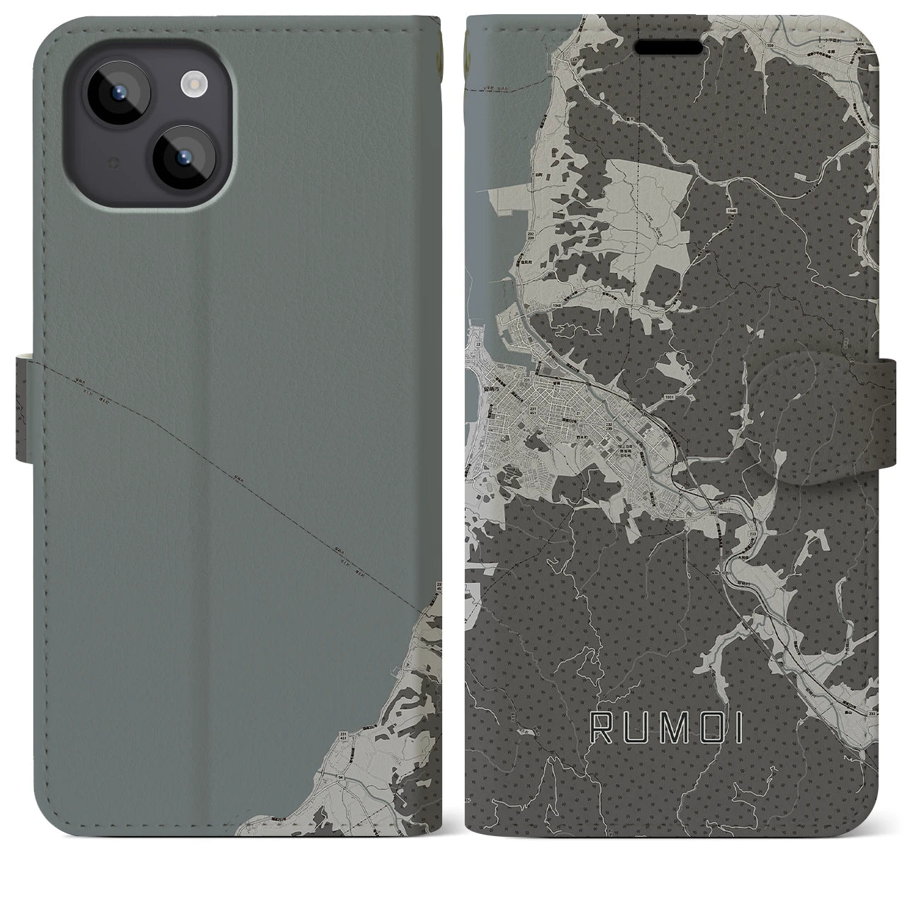 【留萌(北海道)】地図柄iPhoneケース(手帳タイプ)モノトーン・iPhone 14 Plus 用