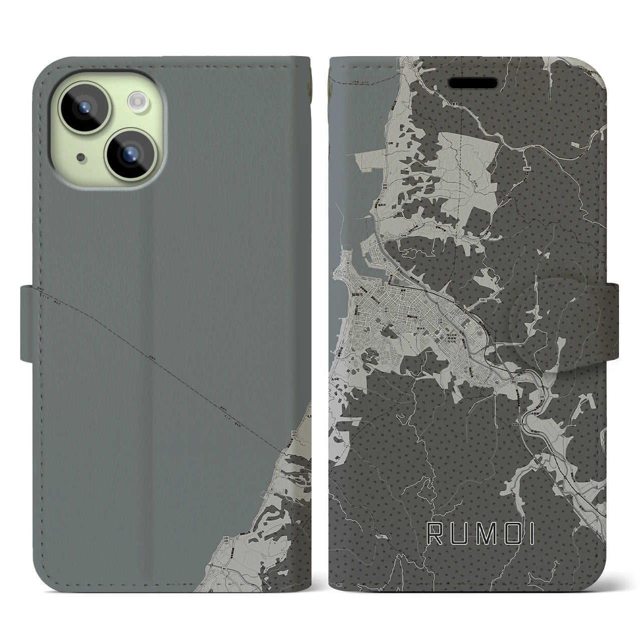 【留萌(北海道)】地図柄iPhoneケース(手帳タイプ)モノトーン・iPhone 15 用