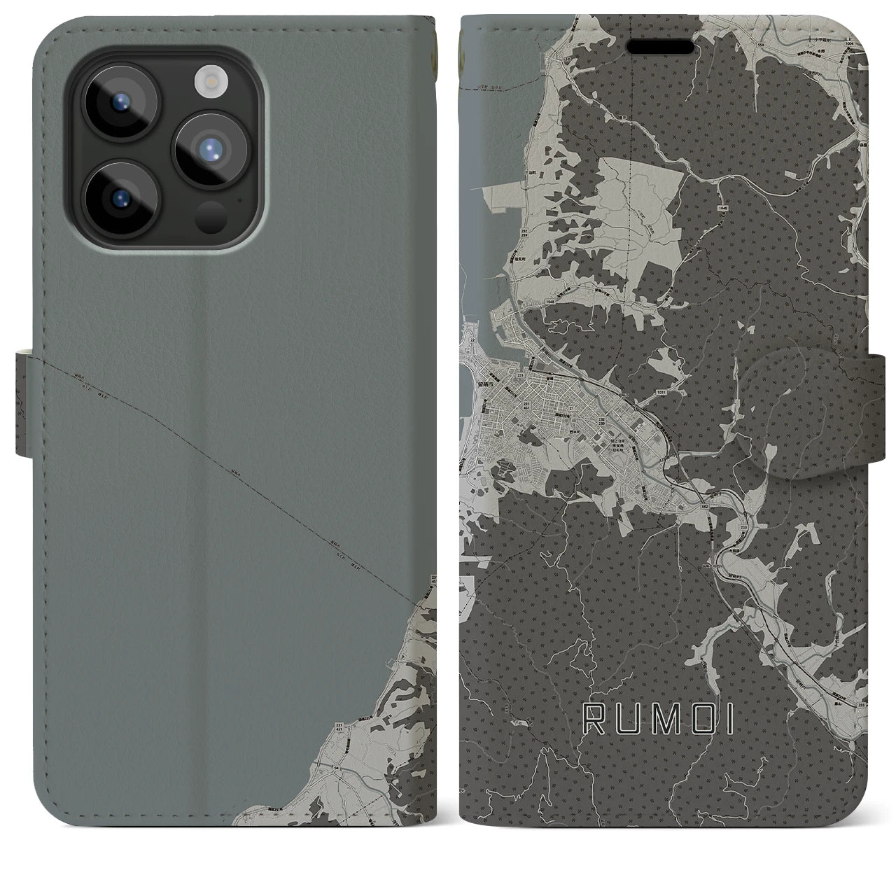 【留萌(北海道)】地図柄iPhoneケース(手帳タイプ)モノトーン・iPhone 15 Pro Max 用