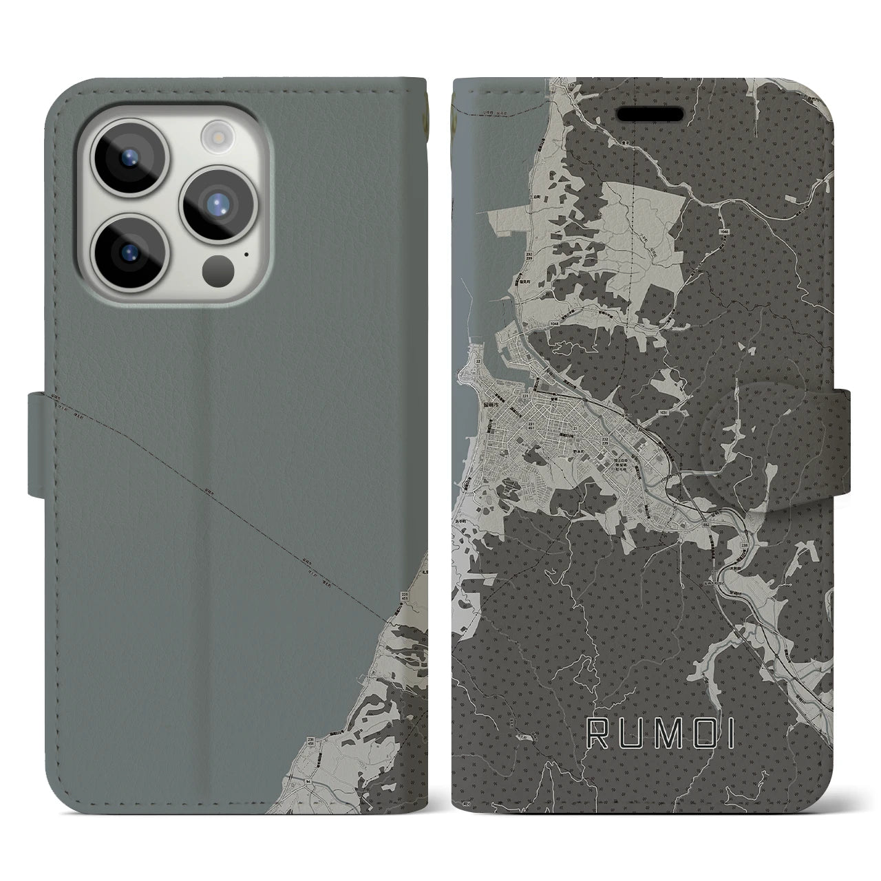 【留萌(北海道)】地図柄iPhoneケース(手帳タイプ)モノトーン・iPhone 15 Pro 用
