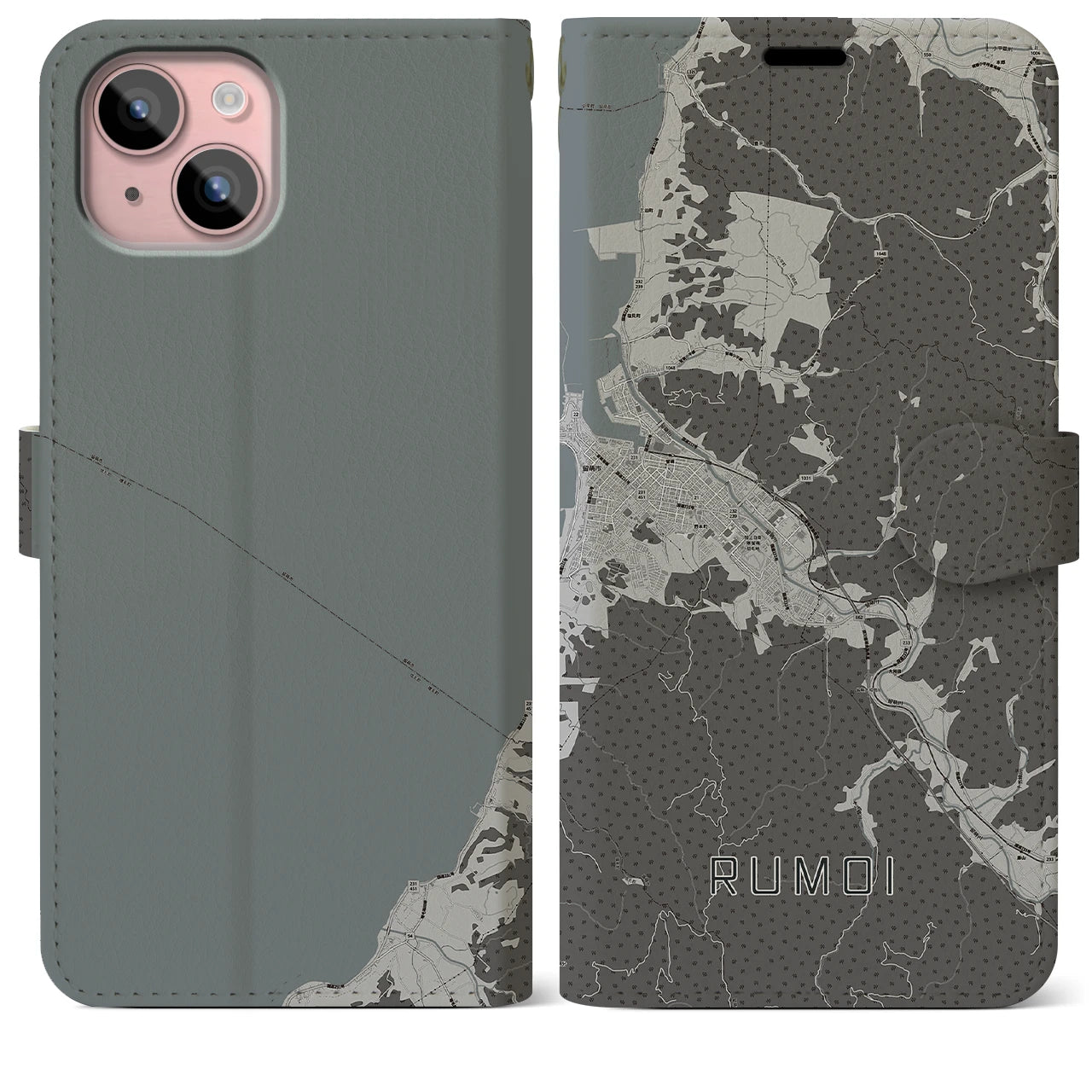 【留萌(北海道)】地図柄iPhoneケース(手帳タイプ)モノトーン・iPhone 15 Plus 用