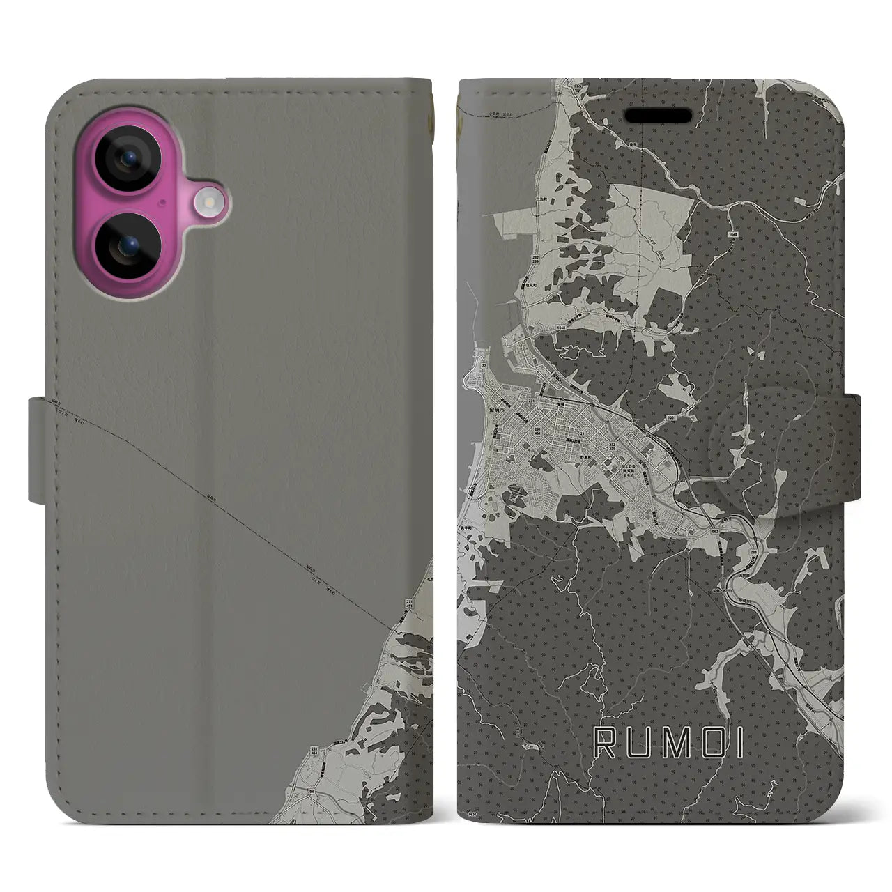 【留萌(北海道)】地図柄iPhoneケース(手帳タイプ)モノトーン・iPhone 16 Pro 用
