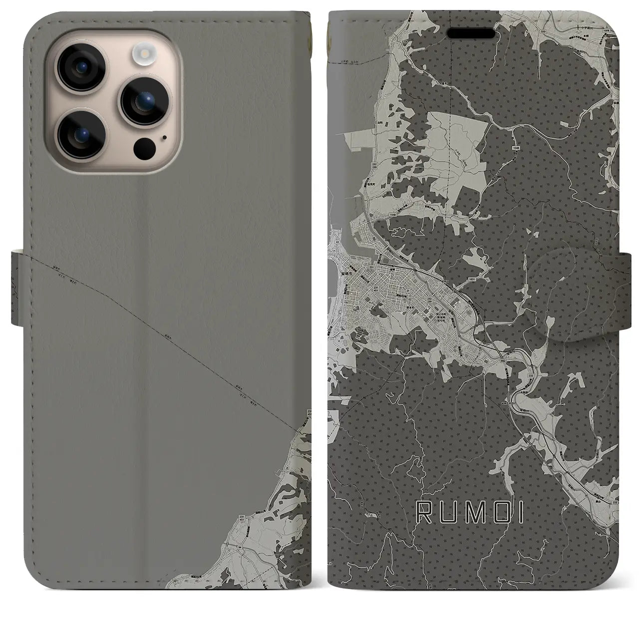 【留萌(北海道)】地図柄iPhoneケース(手帳タイプ)モノトーン・iPhone 16 Plus 用