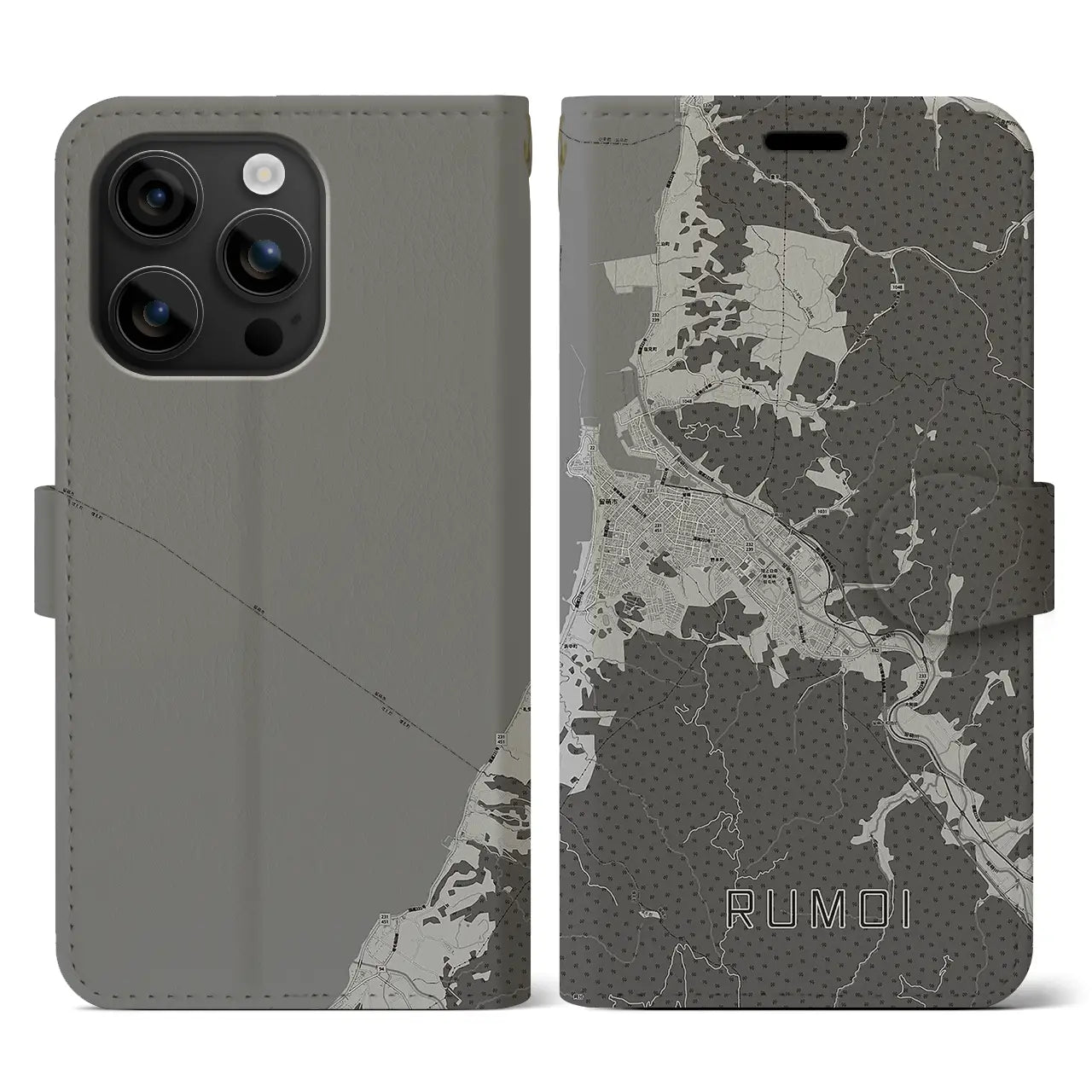 【留萌(北海道)】地図柄iPhoneケース(手帳タイプ)モノトーン・iPhone 16 用