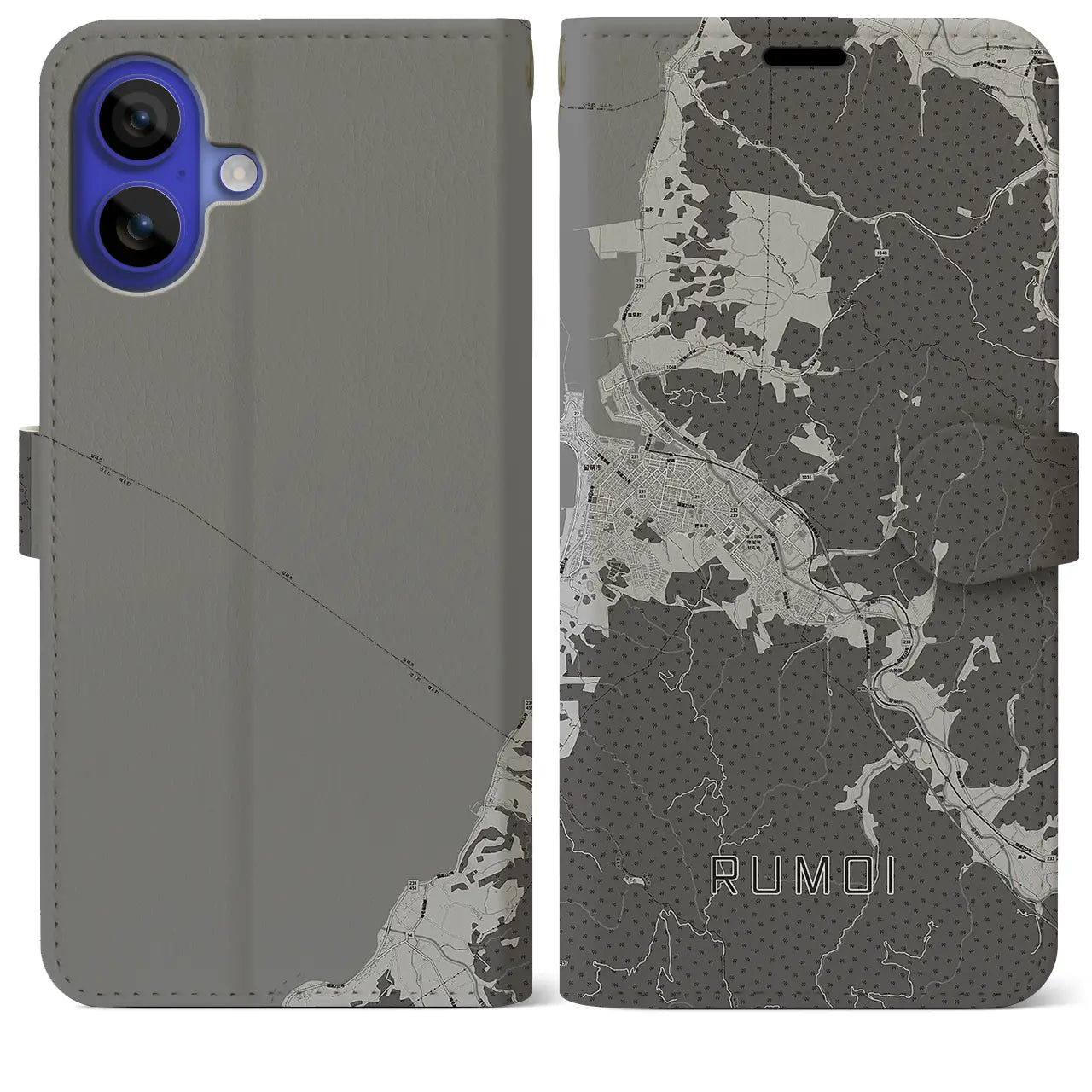 【留萌(北海道)】地図柄iPhoneケース(手帳タイプ)モノトーン・iPhone 16 Pro Max 用