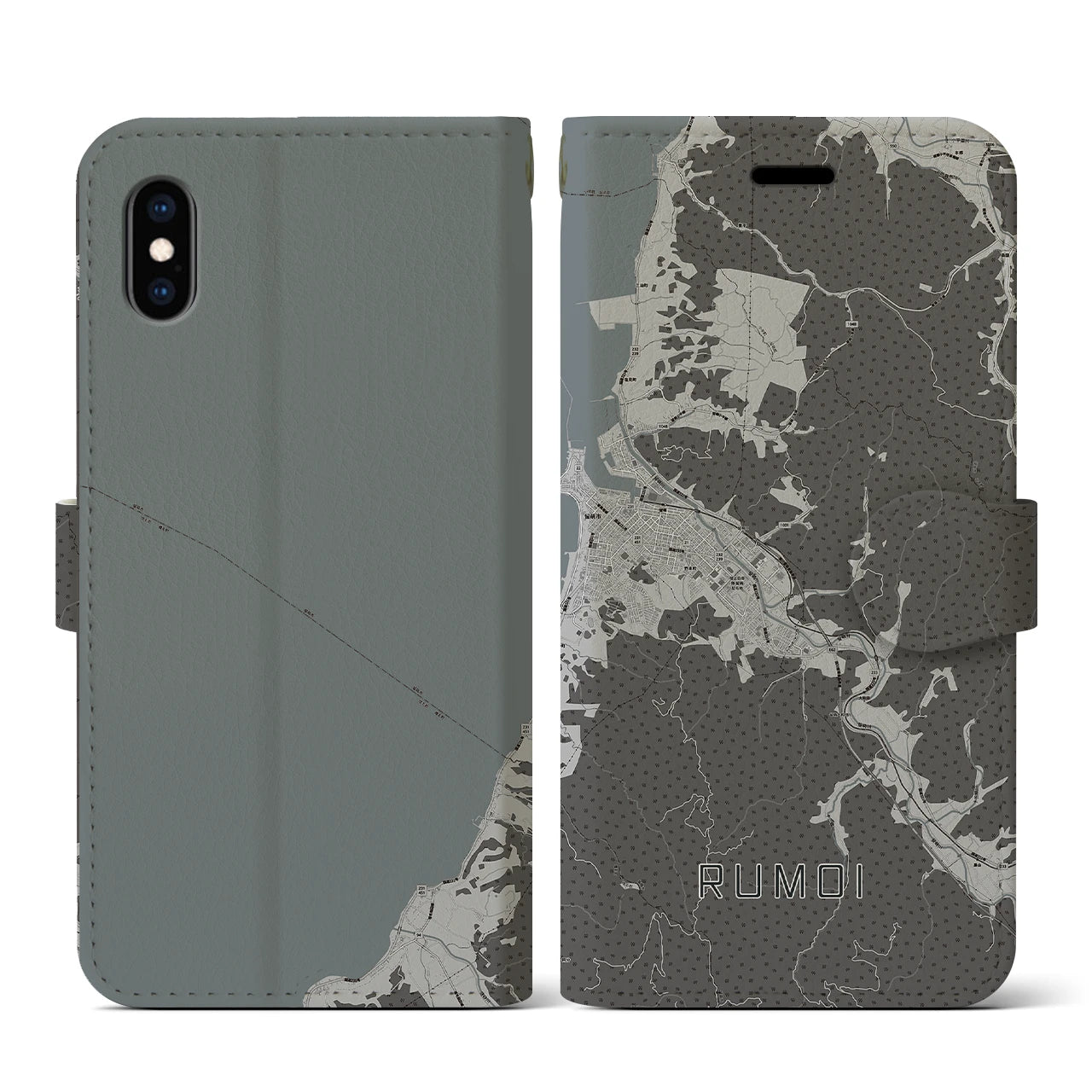 【留萌(北海道)】地図柄iPhoneケース(手帳タイプ)モノトーン・iPhone XS / X 用