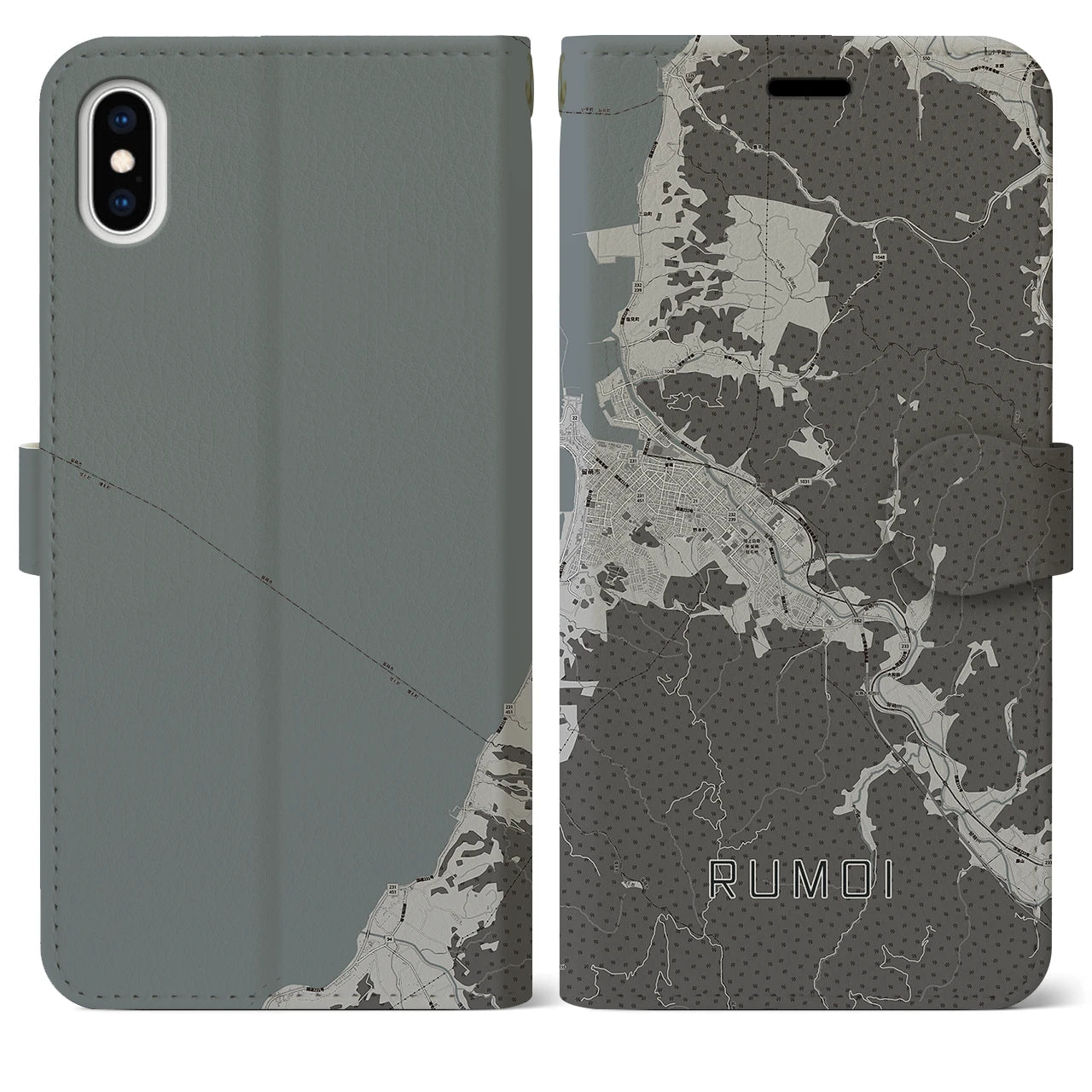 【留萌(北海道)】地図柄iPhoneケース(手帳タイプ)モノトーン・iPhone XS Max 用