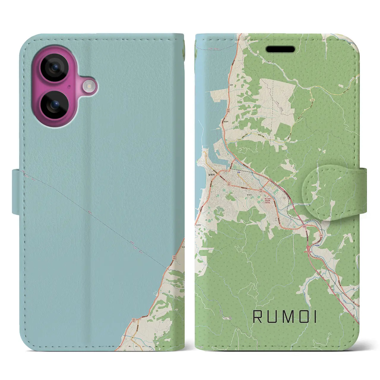 【留萌(北海道)】地図柄iPhoneケース(手帳タイプ)ナチュラル・iPhone 16 Pro 用