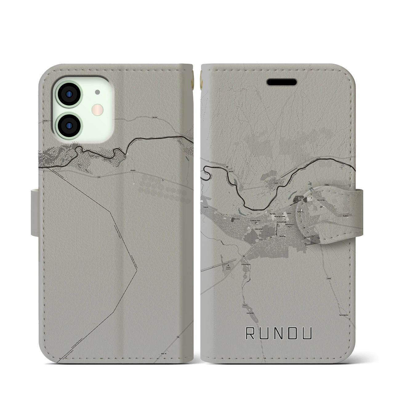 【ルンドゥ(ナミビア)】地図柄iPhoneケース(手帳タイプ)モノトーン・iPhone 12 mini 用