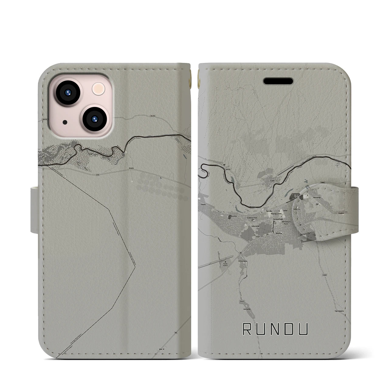 【ルンドゥ(ナミビア)】地図柄iPhoneケース(手帳タイプ)モノトーン・iPhone 13 mini 用