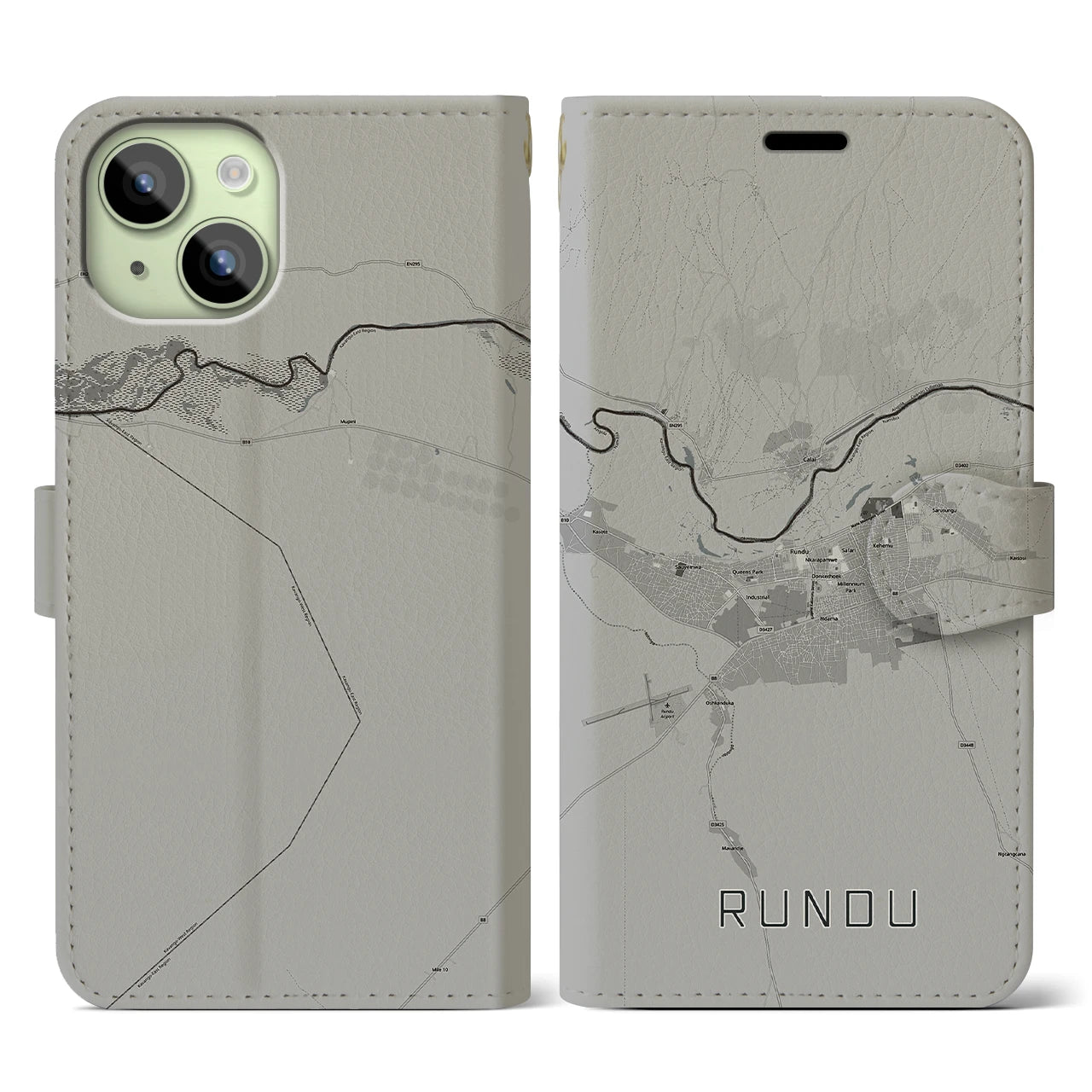 【ルンドゥ(ナミビア)】地図柄iPhoneケース(手帳タイプ)モノトーン・iPhone 15 用