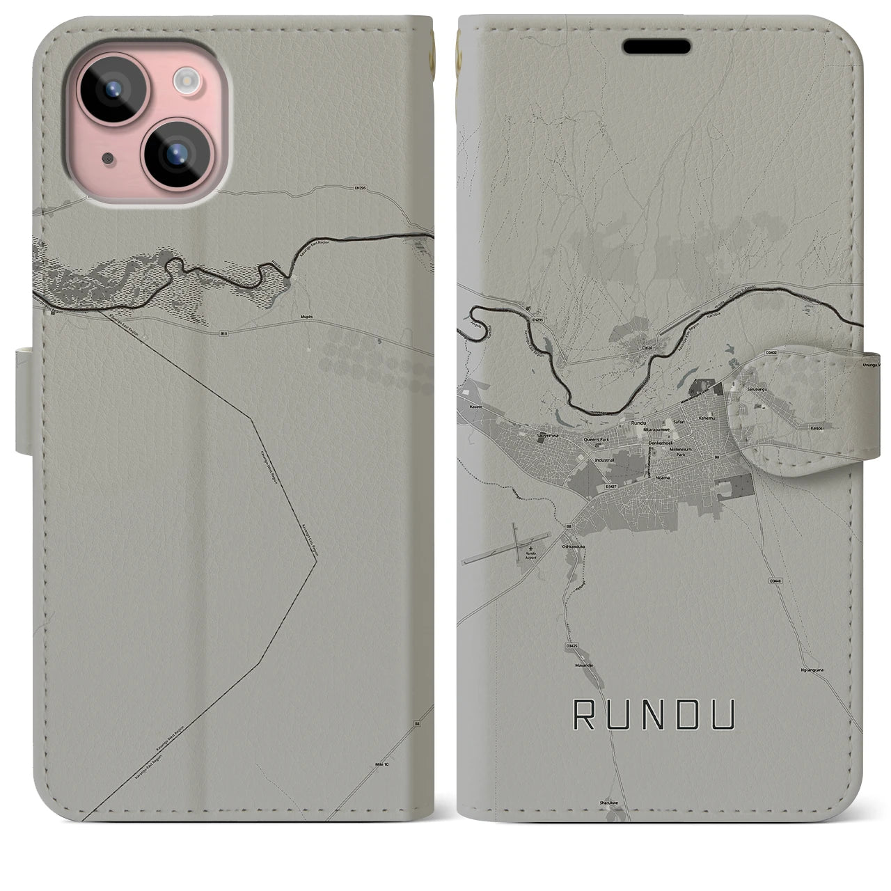 【ルンドゥ(ナミビア)】地図柄iPhoneケース(手帳タイプ)モノトーン・iPhone 15 Plus 用