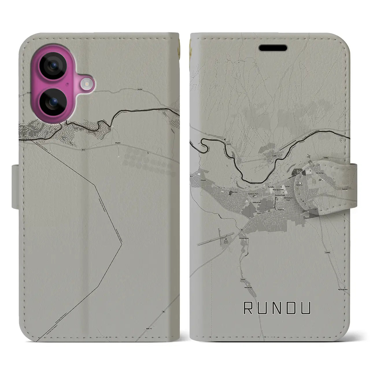 【ルンドゥ(ナミビア)】地図柄iPhoneケース(手帳タイプ)モノトーン・iPhone 16 Pro 用