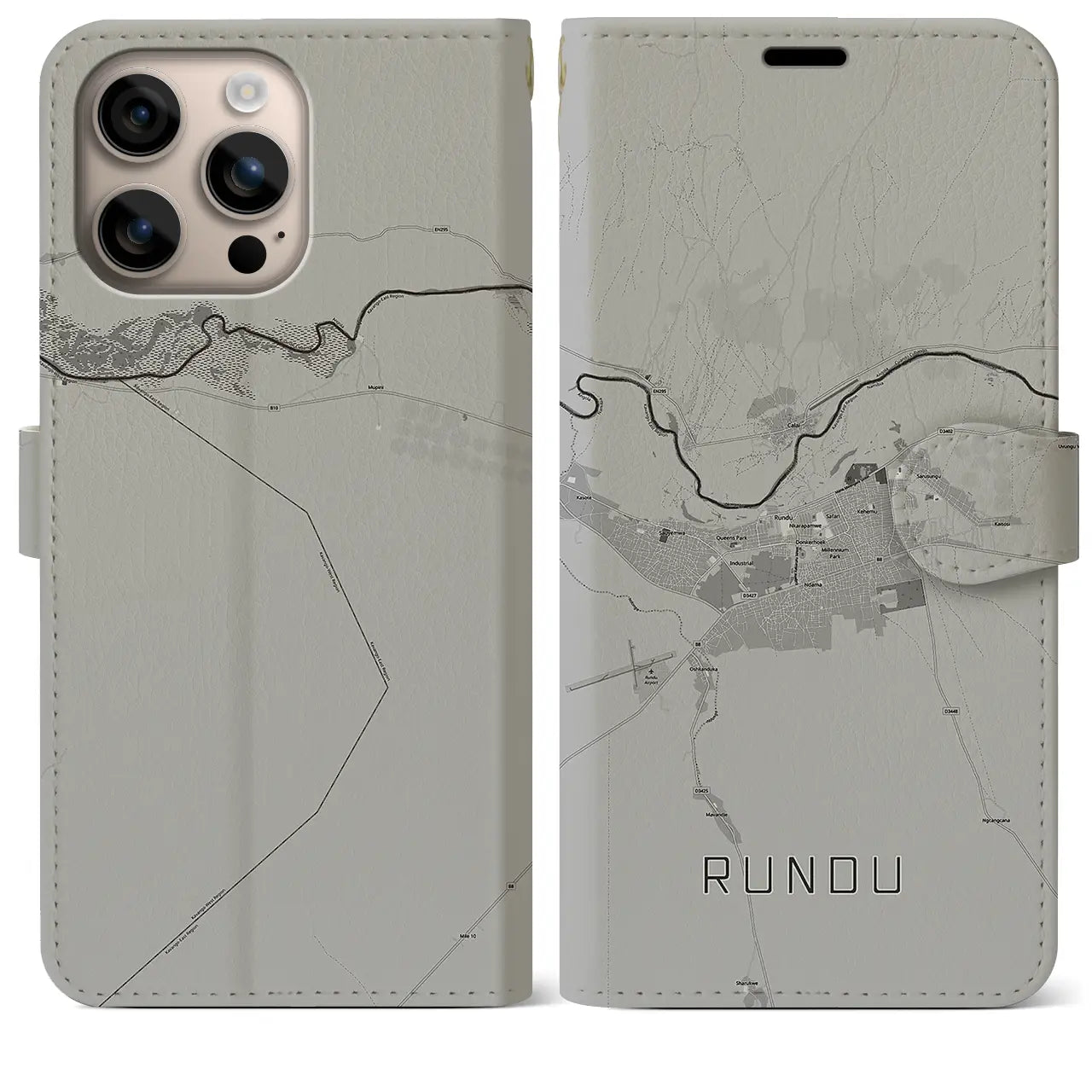 【ルンドゥ(ナミビア)】地図柄iPhoneケース(手帳タイプ)モノトーン・iPhone 16 Plus 用