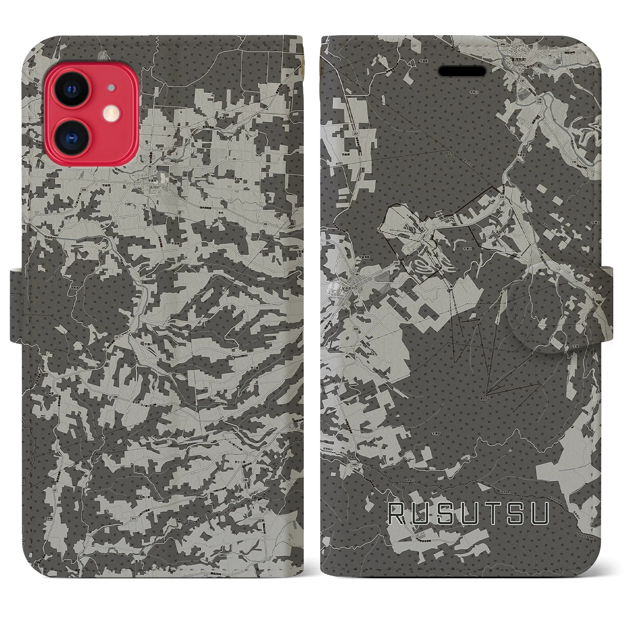 【留寿都(北海道)】地図柄iPhoneケース(手帳タイプ)モノトーン・iPhone 11 用