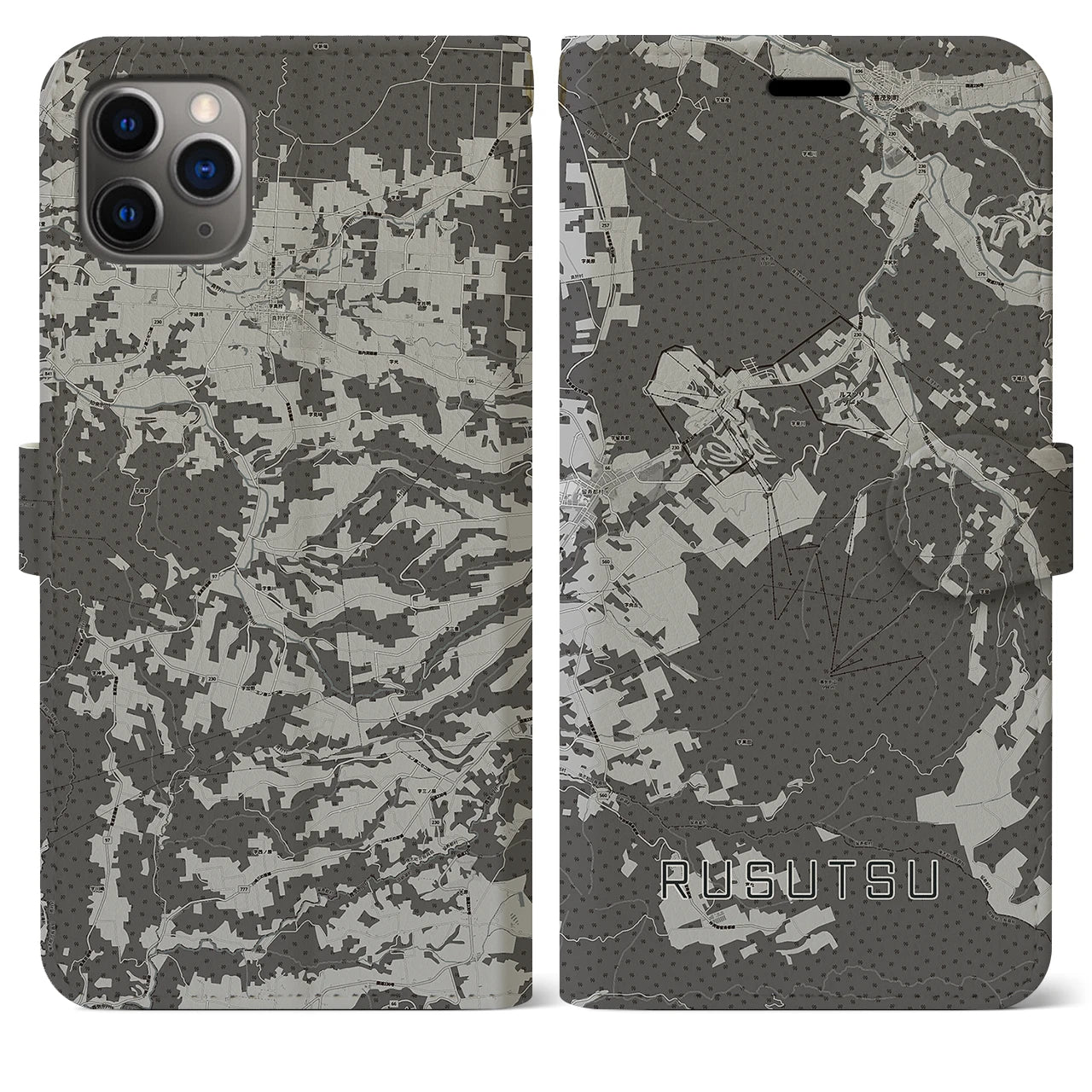 【留寿都(北海道)】地図柄iPhoneケース(手帳タイプ)モノトーン・iPhone 11 Pro Max 用