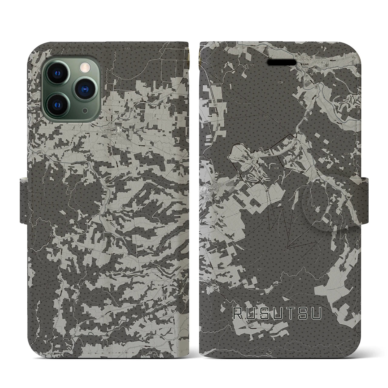【留寿都(北海道)】地図柄iPhoneケース(手帳タイプ)モノトーン・iPhone 11 Pro 用