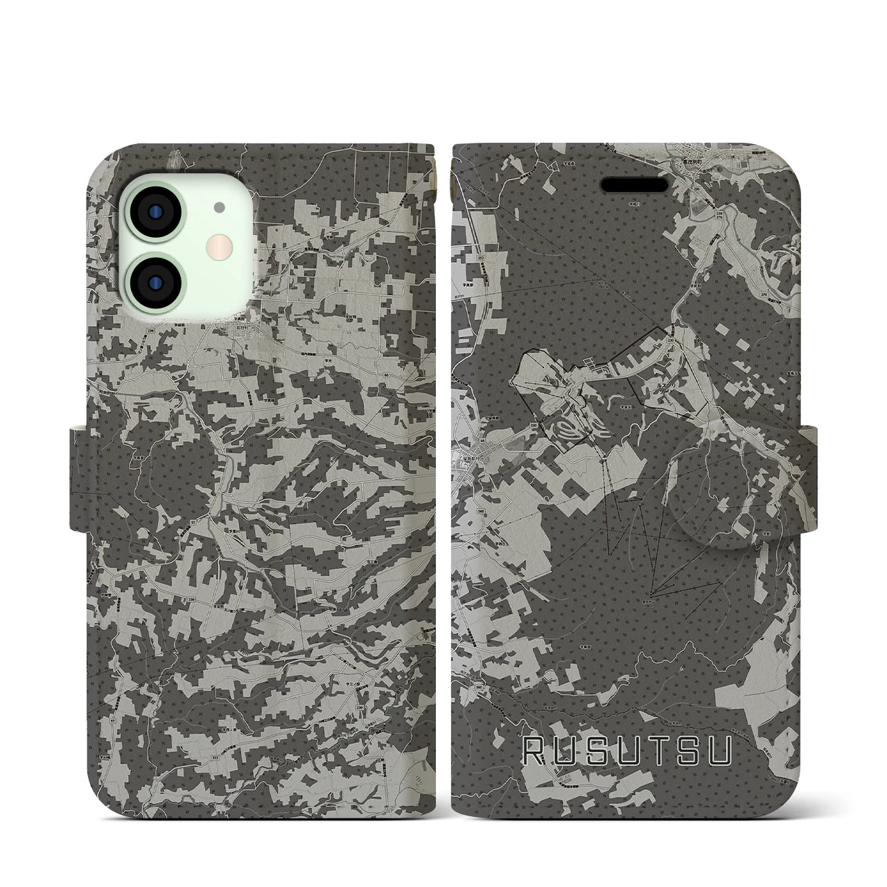 【留寿都(北海道)】地図柄iPhoneケース(手帳タイプ)モノトーン・iPhone 12 mini 用