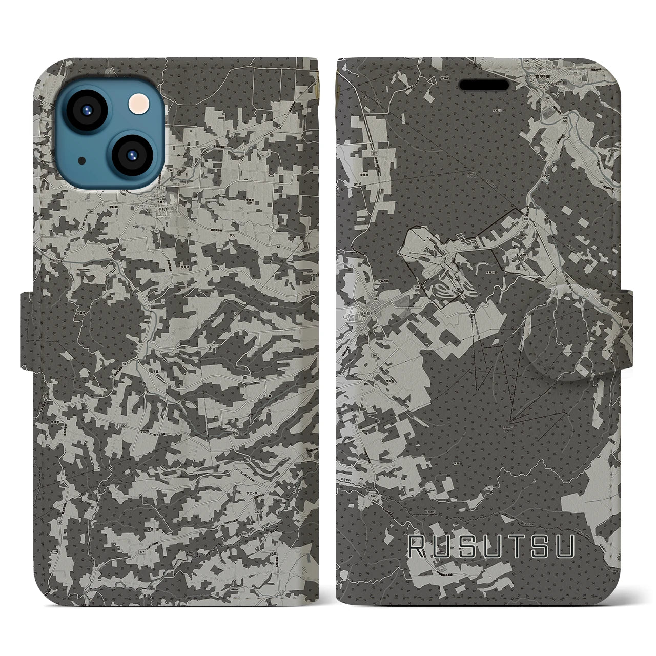 【留寿都(北海道)】地図柄iPhoneケース(手帳タイプ)モノトーン・iPhone 13 用