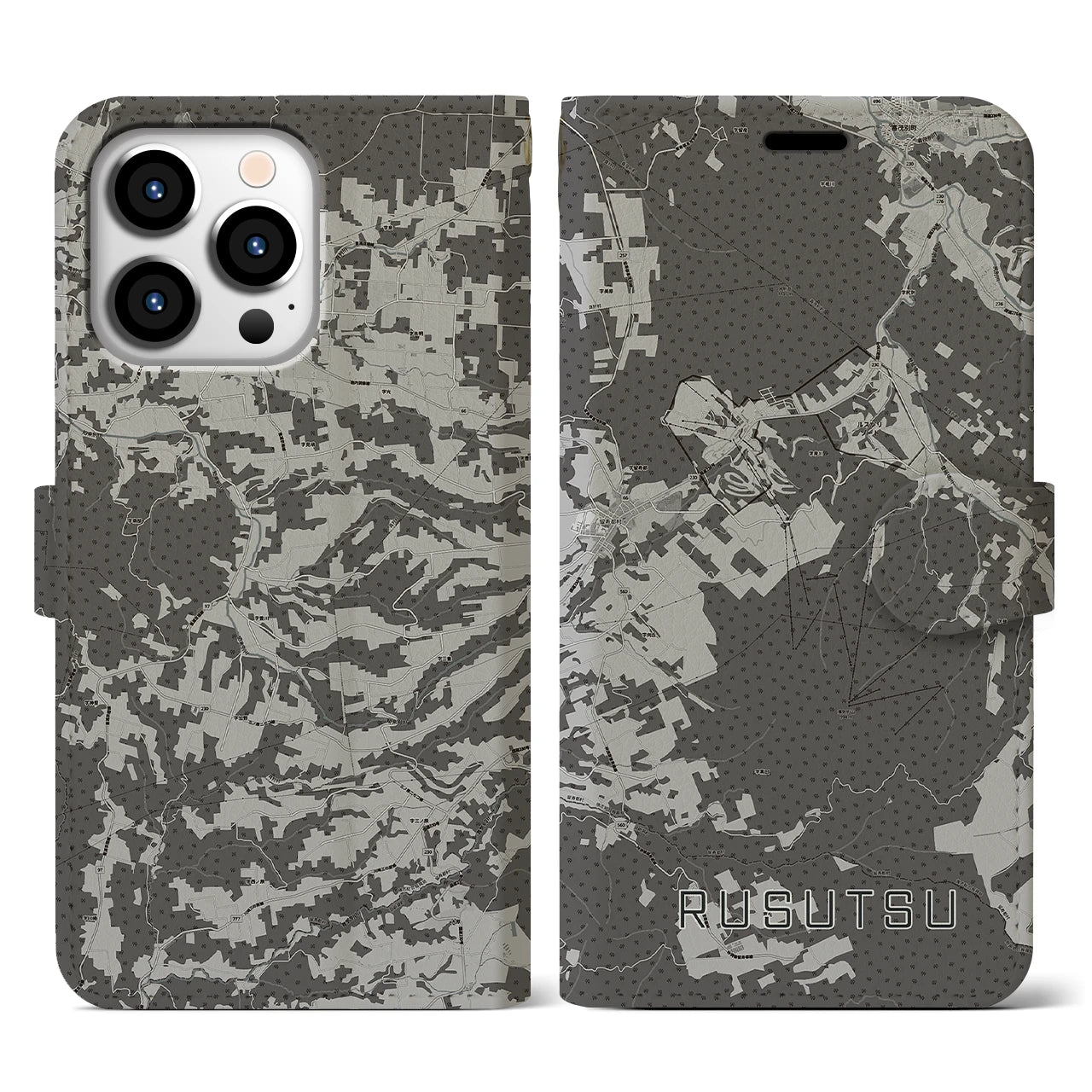 【留寿都(北海道)】地図柄iPhoneケース(手帳タイプ)モノトーン・iPhone 13 Pro 用
