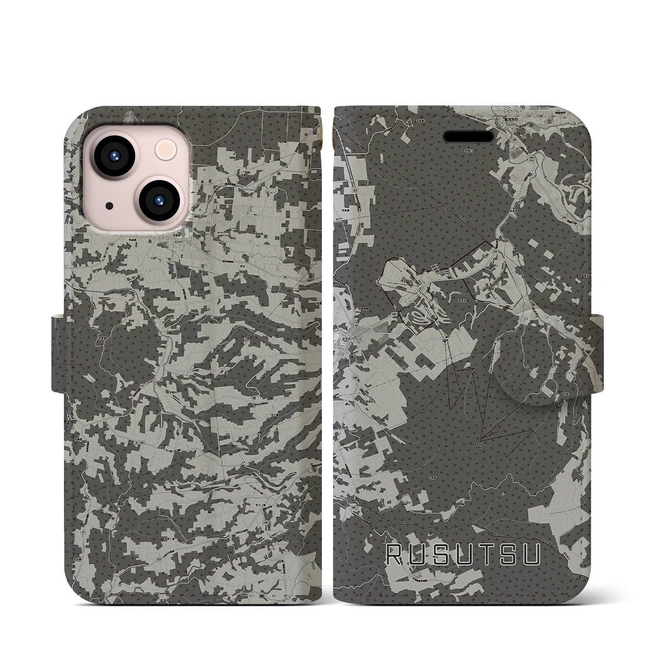 【留寿都(北海道)】地図柄iPhoneケース(手帳タイプ)モノトーン・iPhone 13 mini 用