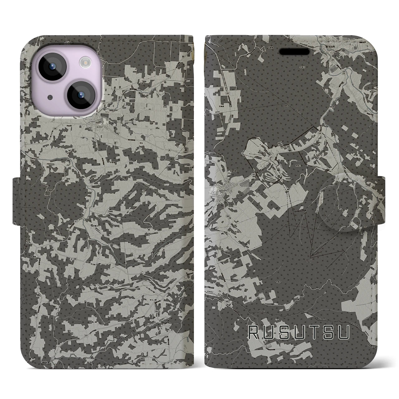 【留寿都(北海道)】地図柄iPhoneケース(手帳タイプ)モノトーン・iPhone 14 用