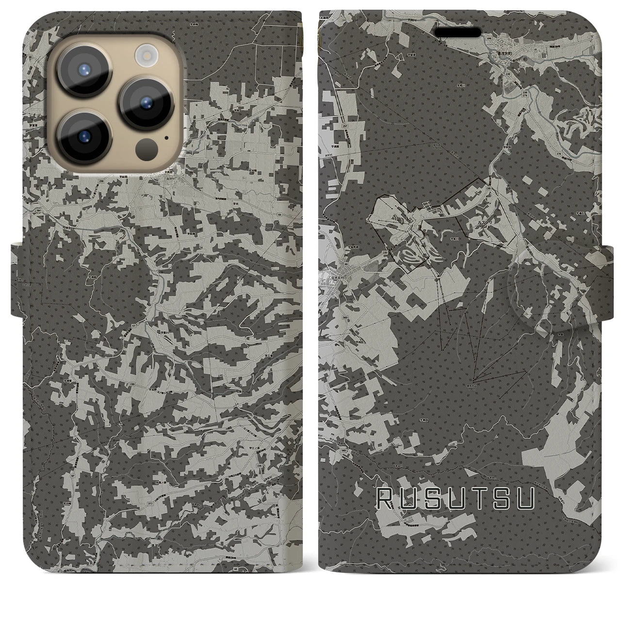 【留寿都(北海道)】地図柄iPhoneケース(手帳タイプ)モノトーン・iPhone 14 Pro Max 用