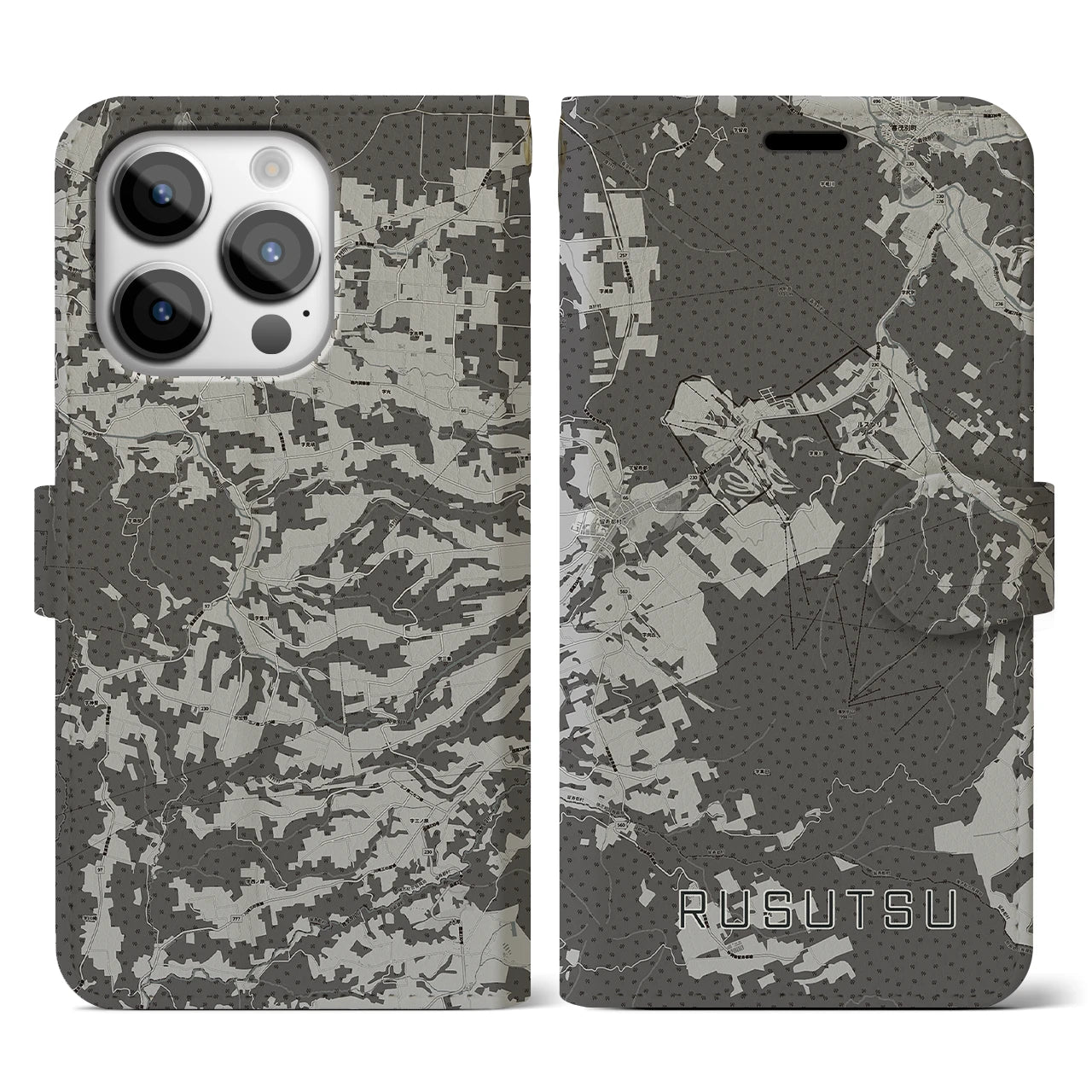 【留寿都(北海道)】地図柄iPhoneケース(手帳タイプ)モノトーン・iPhone 14 Pro 用