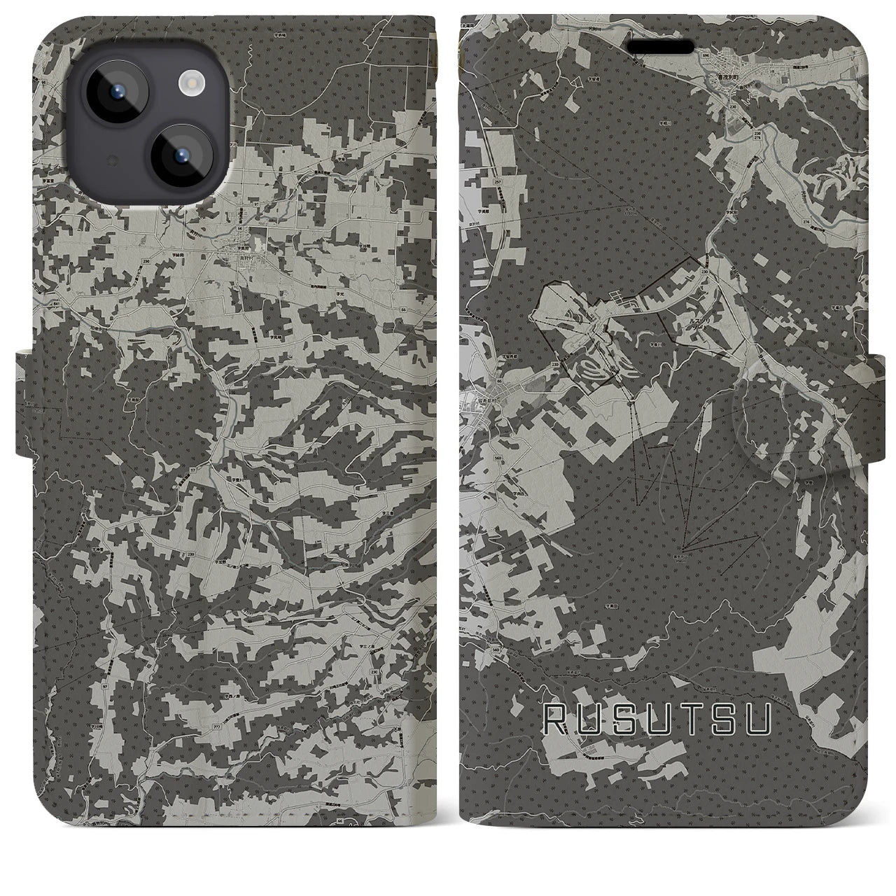 【留寿都(北海道)】地図柄iPhoneケース(手帳タイプ)モノトーン・iPhone 14 Plus 用