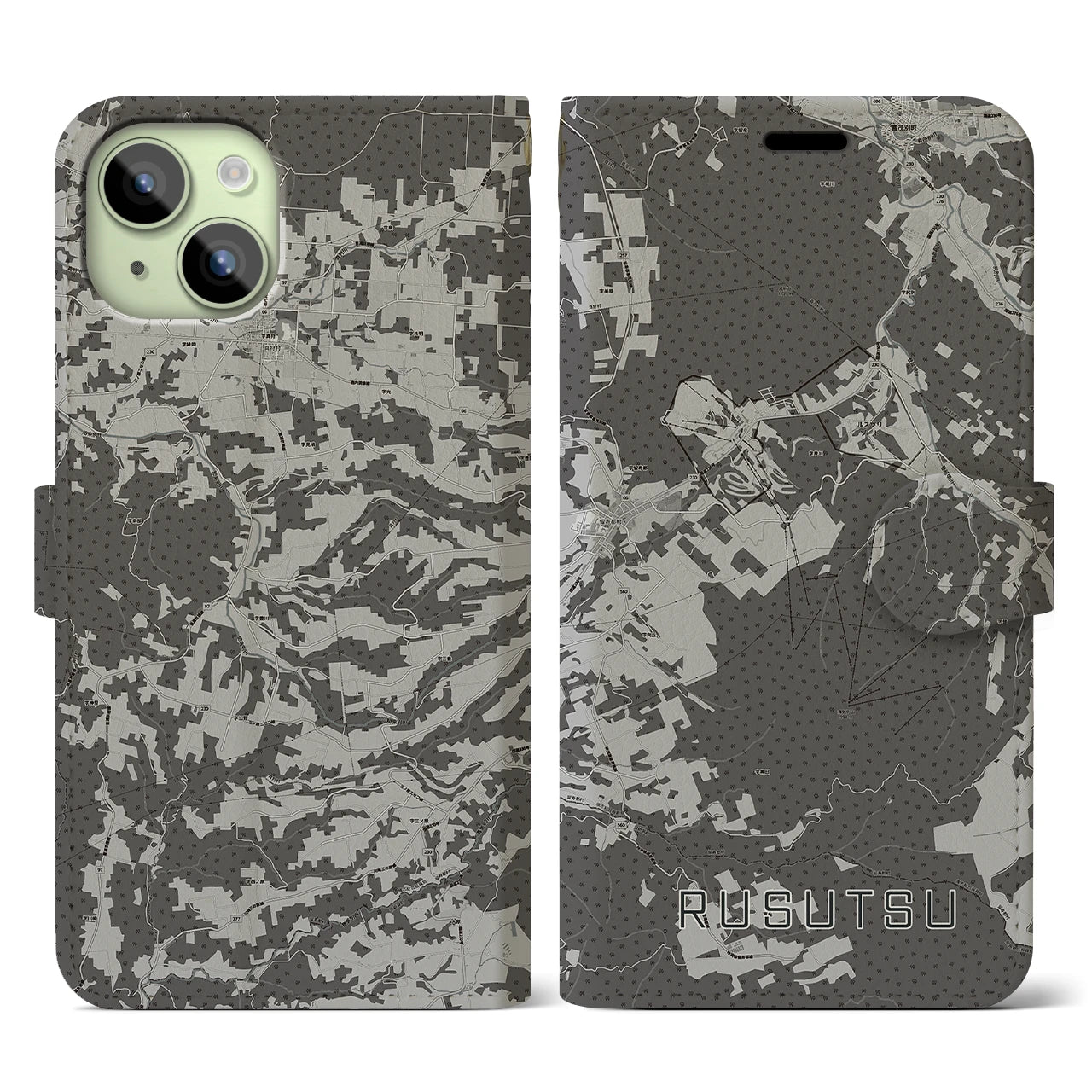 【留寿都(北海道)】地図柄iPhoneケース(手帳タイプ)モノトーン・iPhone 15 用