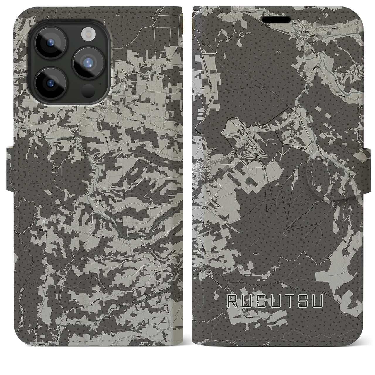 【留寿都(北海道)】地図柄iPhoneケース(手帳タイプ)モノトーン・iPhone 15 Pro Max 用
