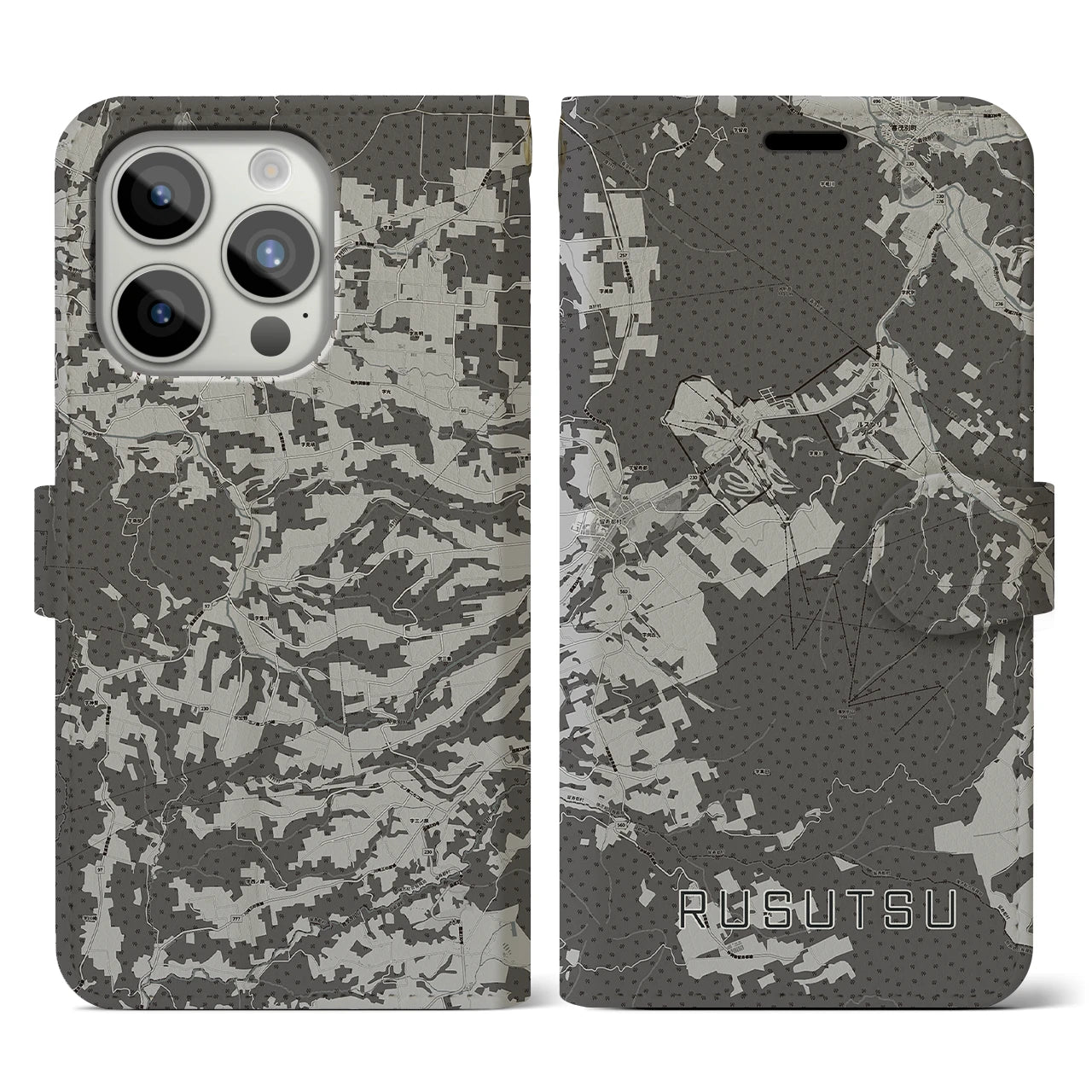 【留寿都(北海道)】地図柄iPhoneケース(手帳タイプ)モノトーン・iPhone 15 Pro 用