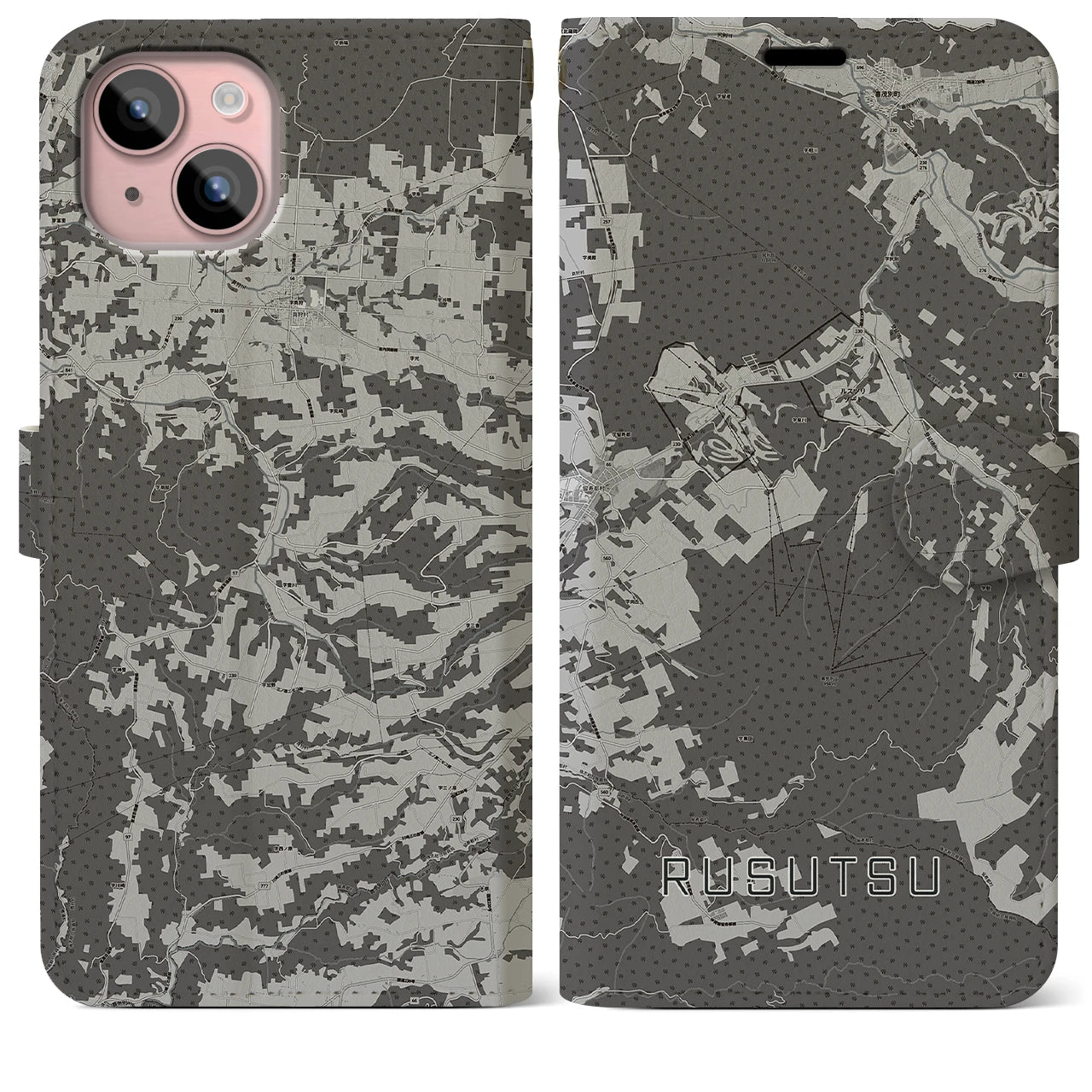 【留寿都(北海道)】地図柄iPhoneケース(手帳タイプ)モノトーン・iPhone 15 Plus 用