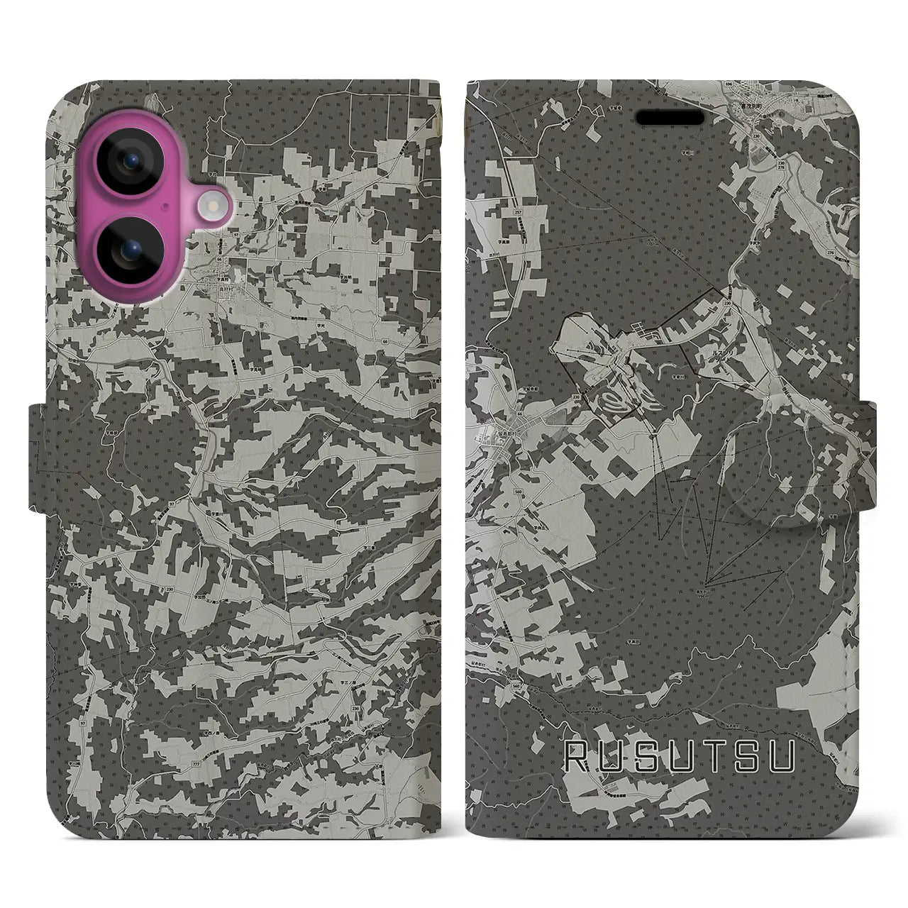 【留寿都(北海道)】地図柄iPhoneケース(手帳タイプ)モノトーン・iPhone 16 Pro 用