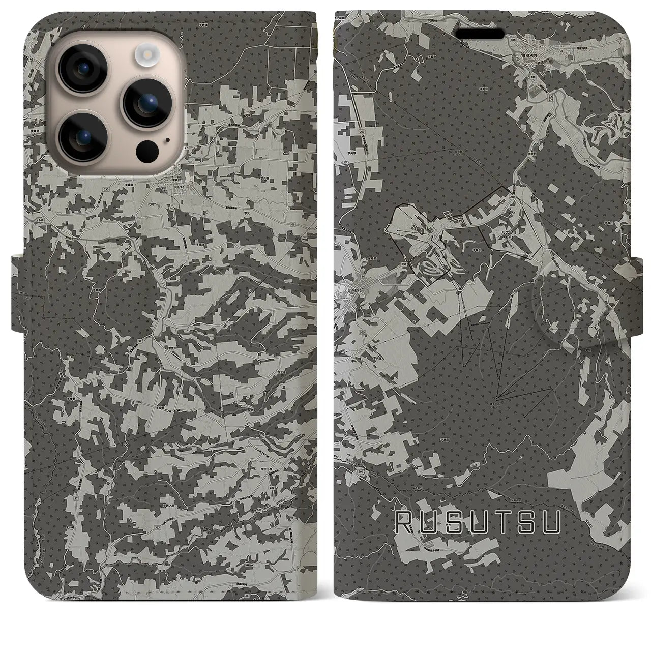 【留寿都(北海道)】地図柄iPhoneケース(手帳タイプ)モノトーン・iPhone 16 Plus 用