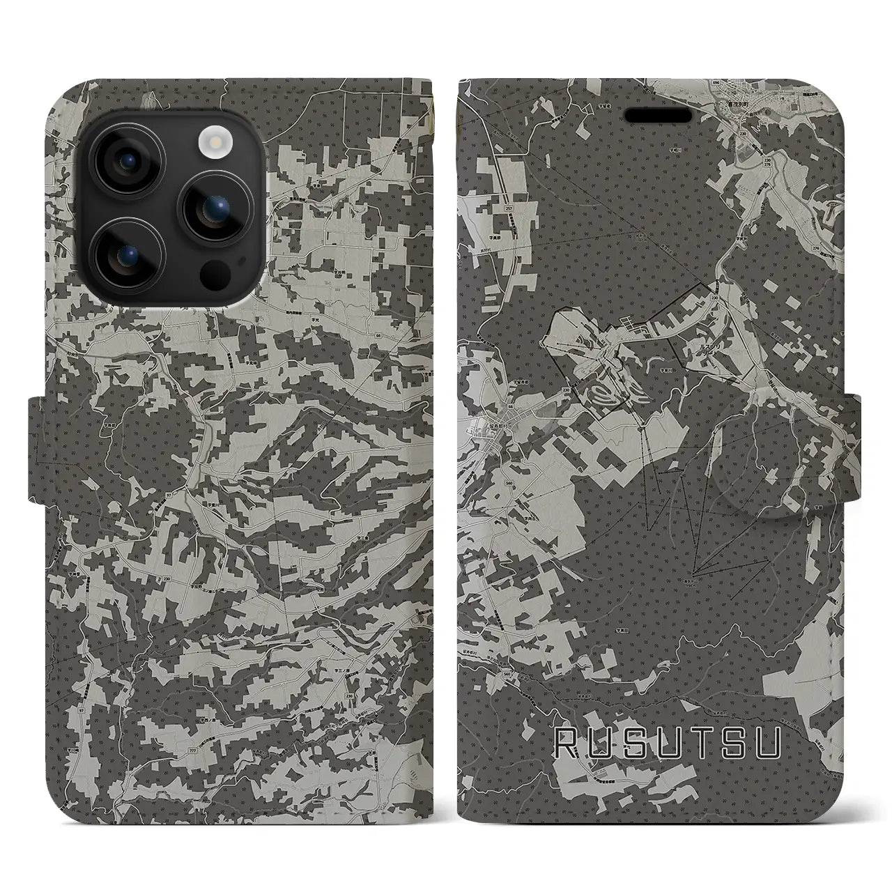 【留寿都(北海道)】地図柄iPhoneケース(手帳タイプ)モノトーン・iPhone 16 用