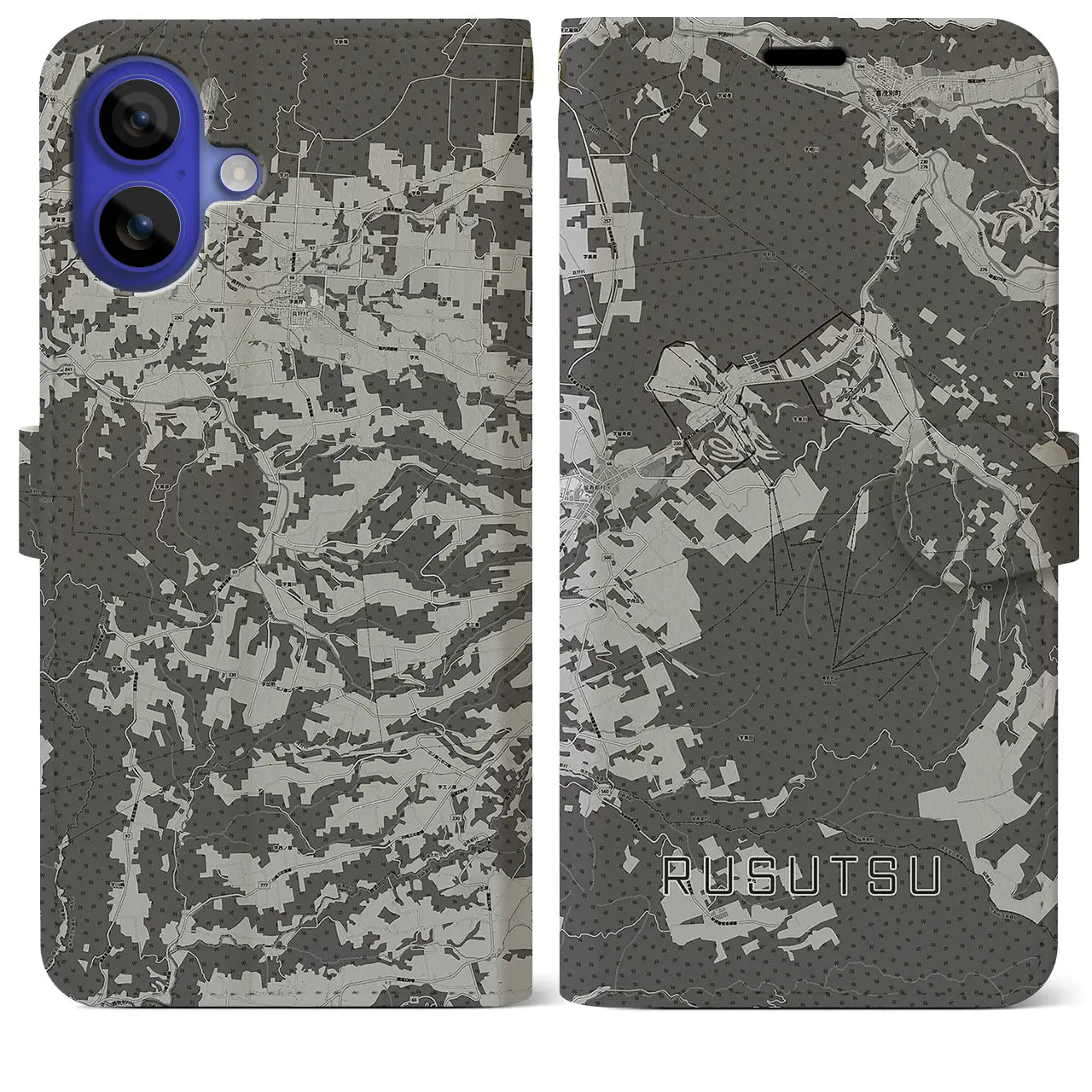 【留寿都(北海道)】地図柄iPhoneケース(手帳タイプ)モノトーン・iPhone 16 Pro Max 用