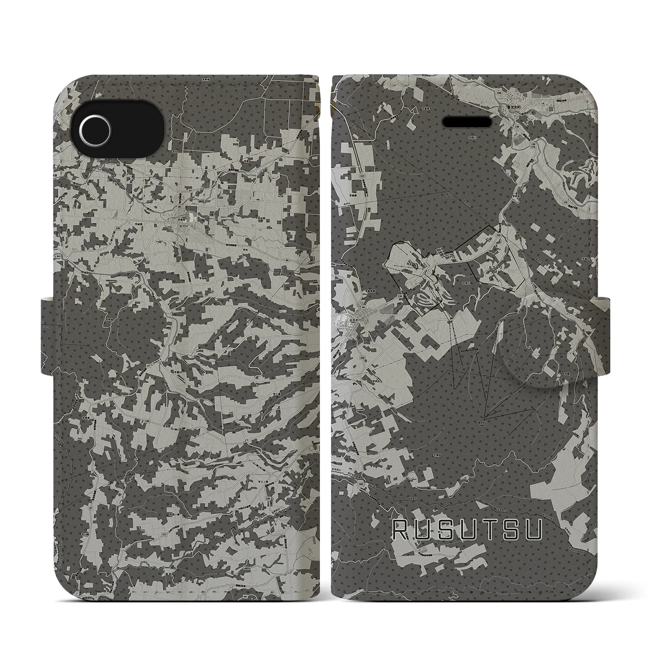 【留寿都(北海道)】地図柄iPhoneケース(手帳タイプ)モノトーン・iPhone SE(第3 / 第2世代) / 8 / 7 / 6s / 6 用