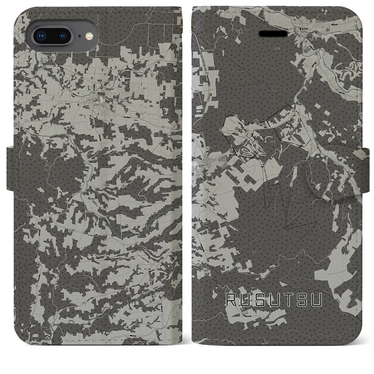 【留寿都(北海道)】地図柄iPhoneケース(手帳タイプ)モノトーン・iPhone 8Plus /7Plus / 6sPlus / 6Plus 用