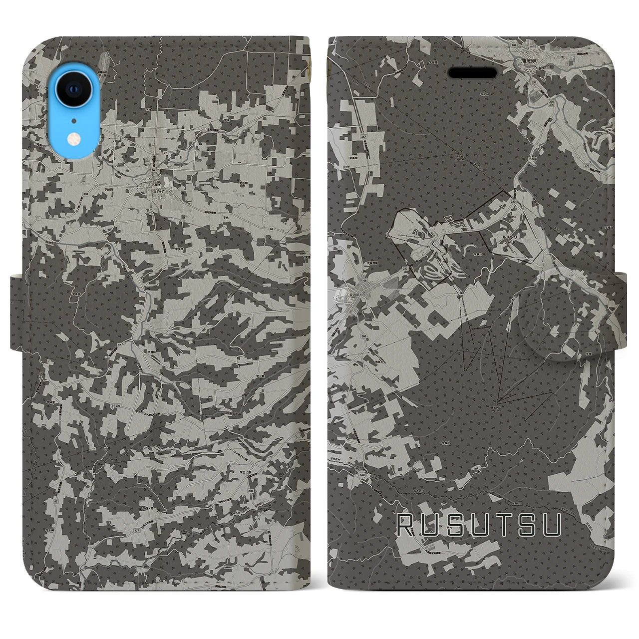 【留寿都(北海道)】地図柄iPhoneケース(手帳タイプ)モノトーン・iPhone XR 用