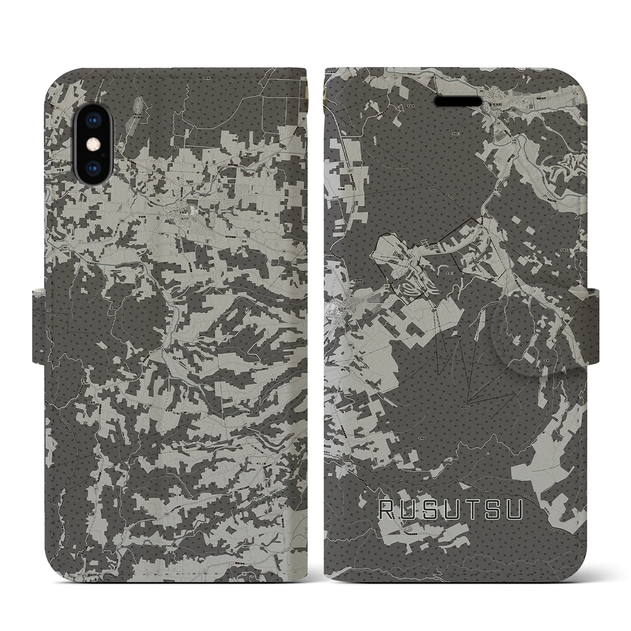 【留寿都(北海道)】地図柄iPhoneケース(手帳タイプ)モノトーン・iPhone XS / X 用