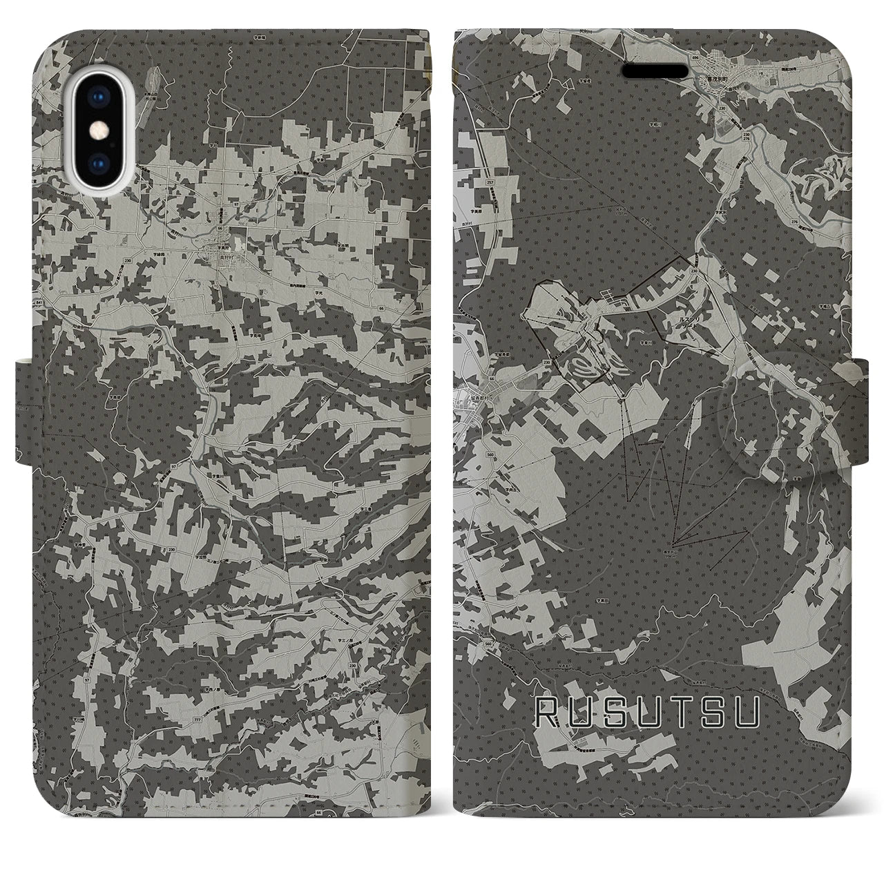 【留寿都(北海道)】地図柄iPhoneケース(手帳タイプ)モノトーン・iPhone XS Max 用