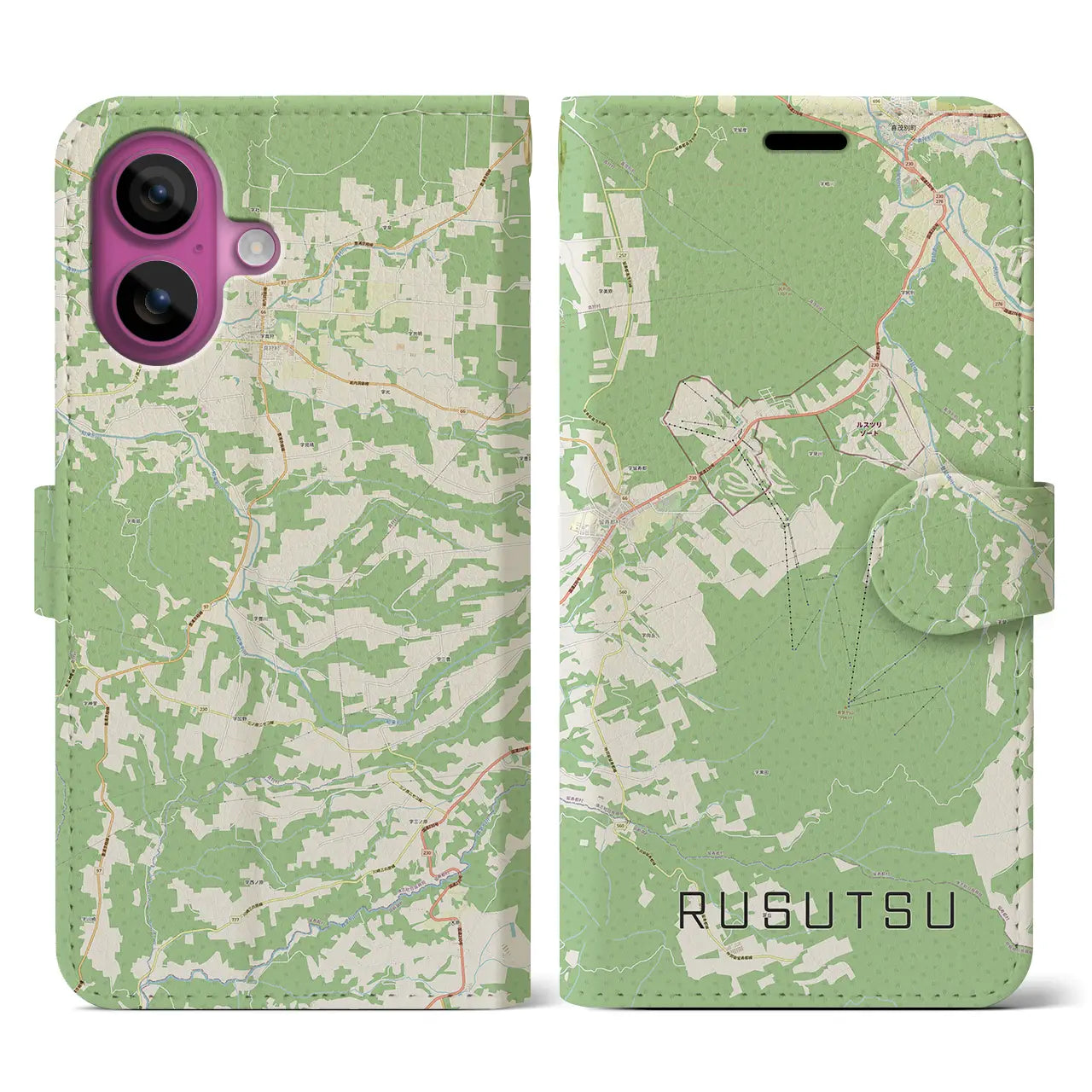 【留寿都(北海道)】地図柄iPhoneケース(手帳タイプ)ナチュラル・iPhone 16 Pro 用