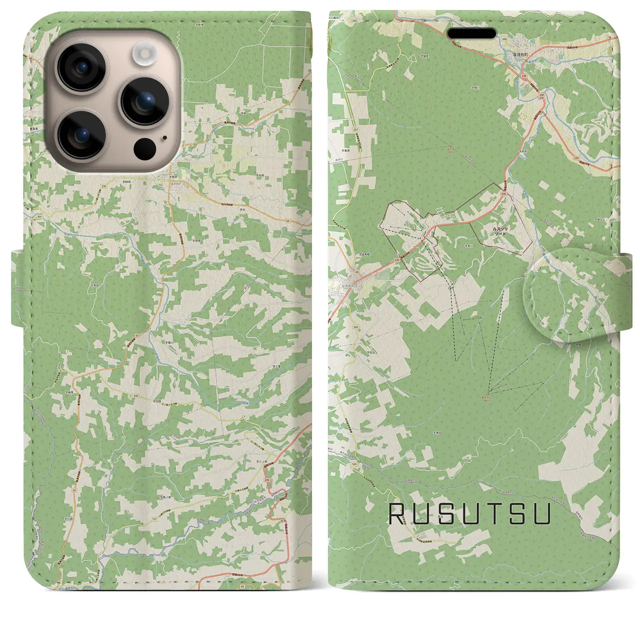 【留寿都(北海道)】地図柄iPhoneケース(手帳タイプ)ナチュラル・iPhone 16 Plus 用