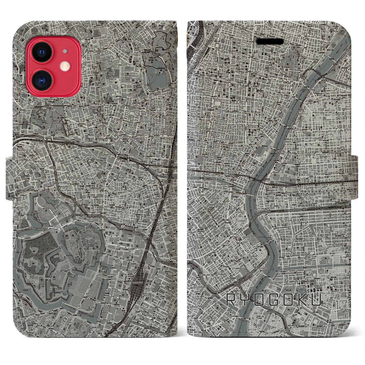 【両国(東京都)】地図柄iPhoneケース(手帳タイプ)モノトーン・iPhone 11 用