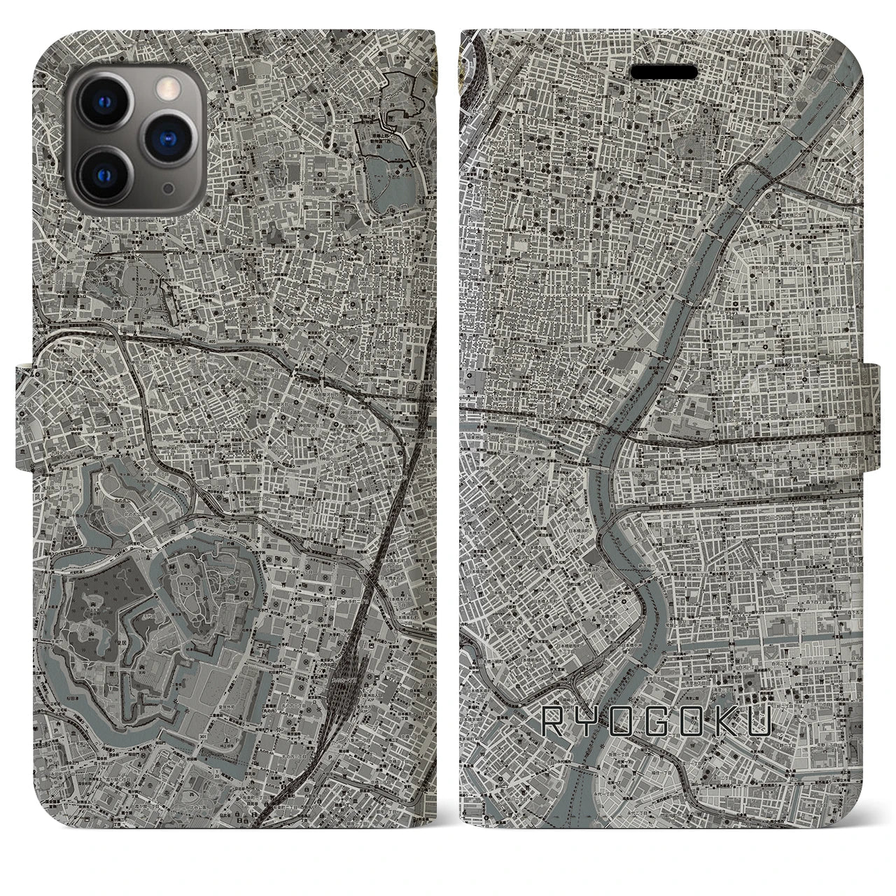 【両国(東京都)】地図柄iPhoneケース(手帳タイプ)モノトーン・iPhone 11 Pro Max 用